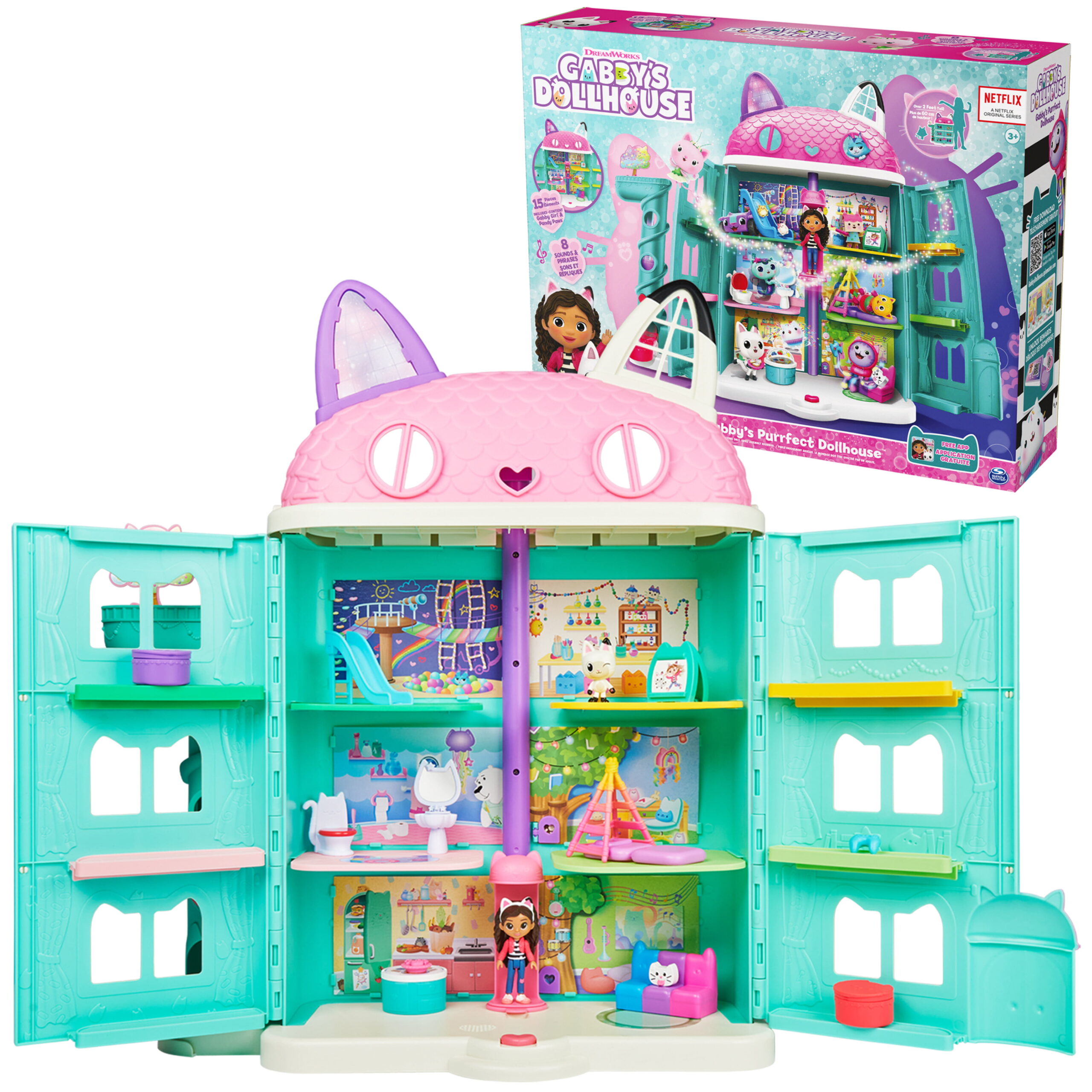 Gabby-s Dollhouse. Purrfect Dollhouse 2-Foot Tall Playset with Sounds. 15 Pieces