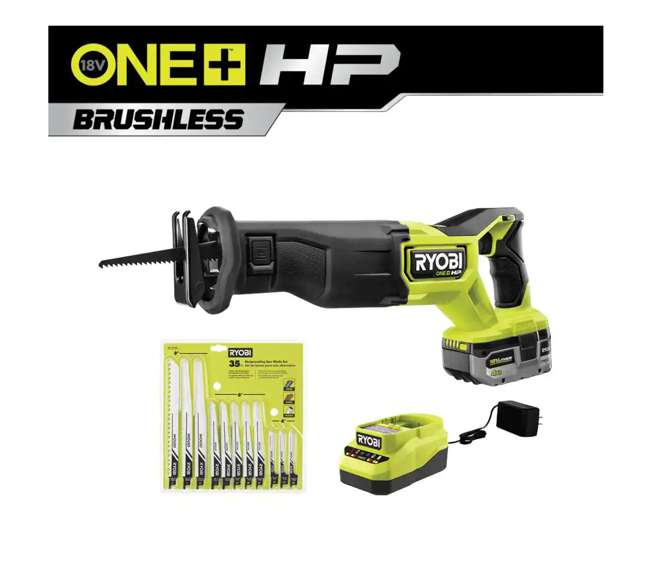 RYOBI PBLRS01K1-A233501 ONE+ HP 18V Brushless Cordless Reciprocating Saw Kit with 4.0Ah Battery. Charger & Reciprocating Saw Blade Set (35Piece)