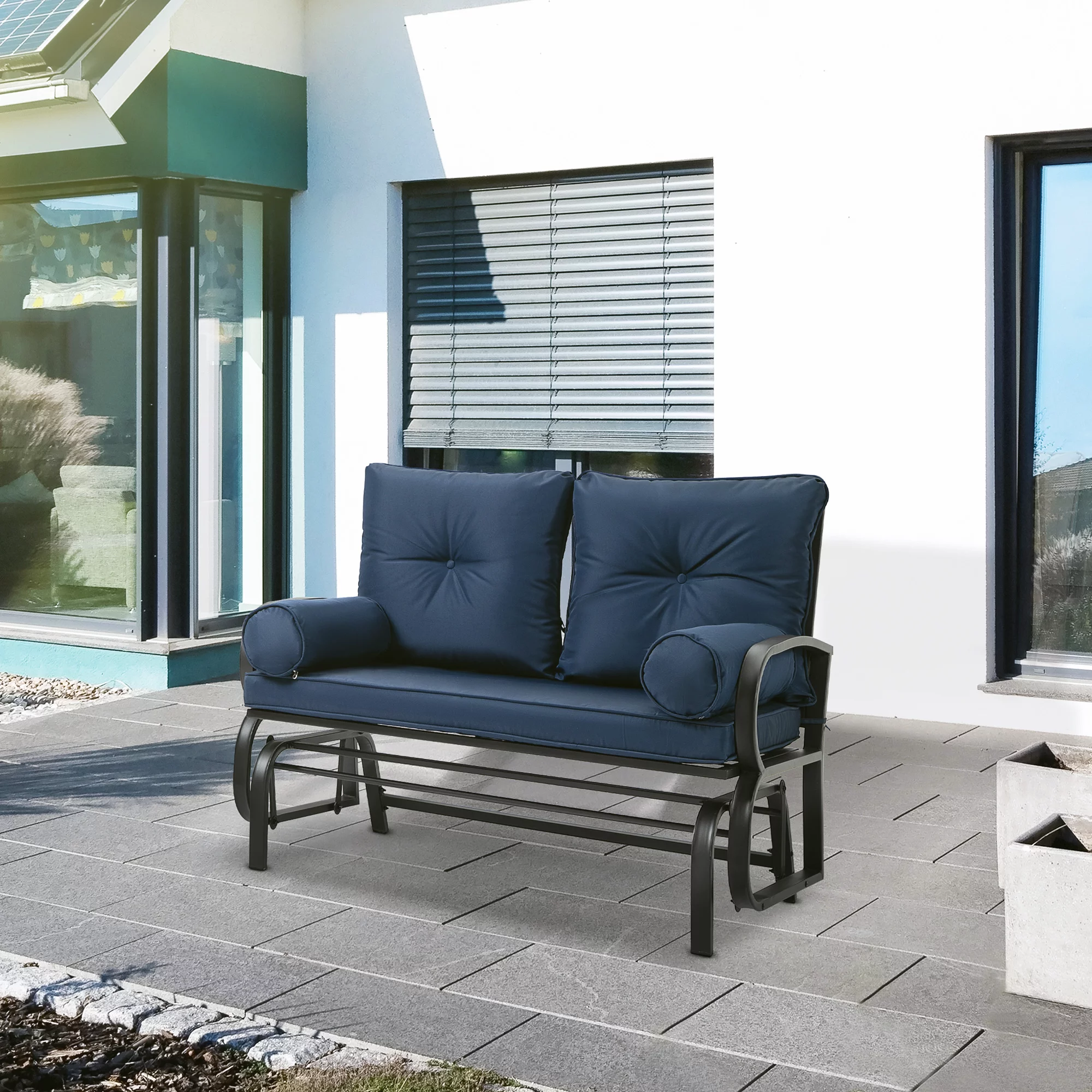 Outsunny 2-Person Outdoor Glider Bench. Patio Double Rocking Swing Loveseat with Steel Frame and Cushions for Backyard. Garden and Porch. Blue