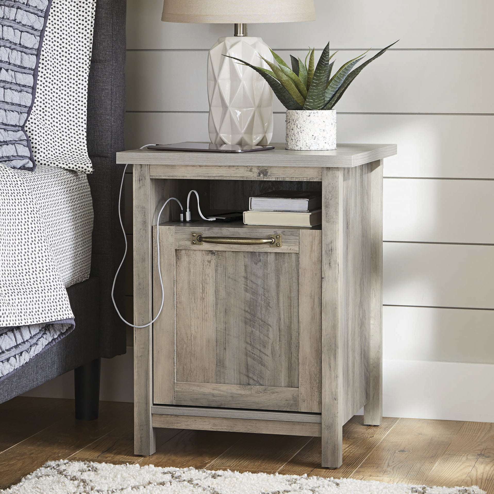 Better Homes & Gardens Modern Farmhouse USB Nightstand. Rustic Gray