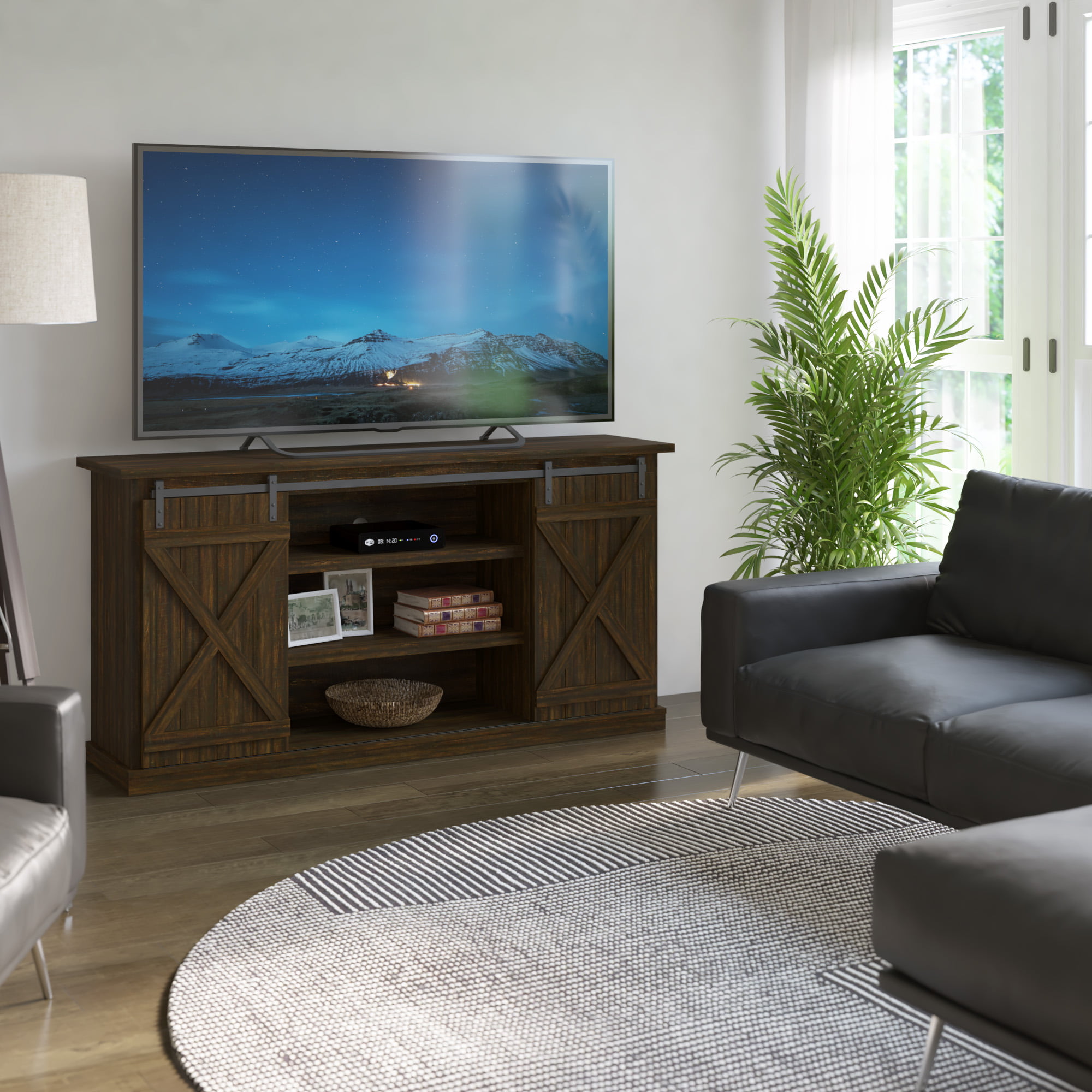 Farmhouse TV Stand for TVs up to 70 inches with Sliding Barn Doors in Saw Cut Espresso