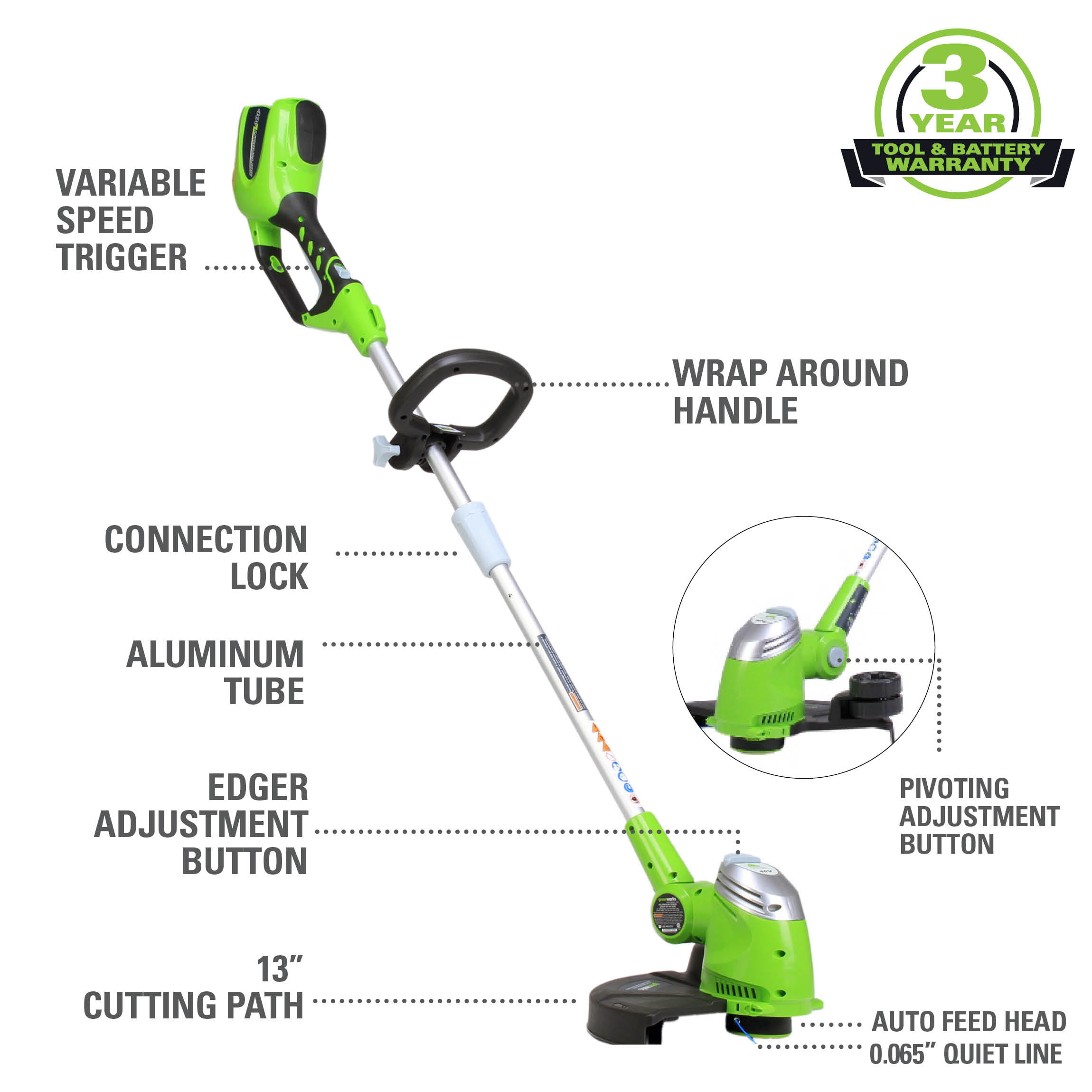 Greenworks 40V 13-inch Cordless String Trimmer/Edger with 20 Ah Battery and Charger. 21302
