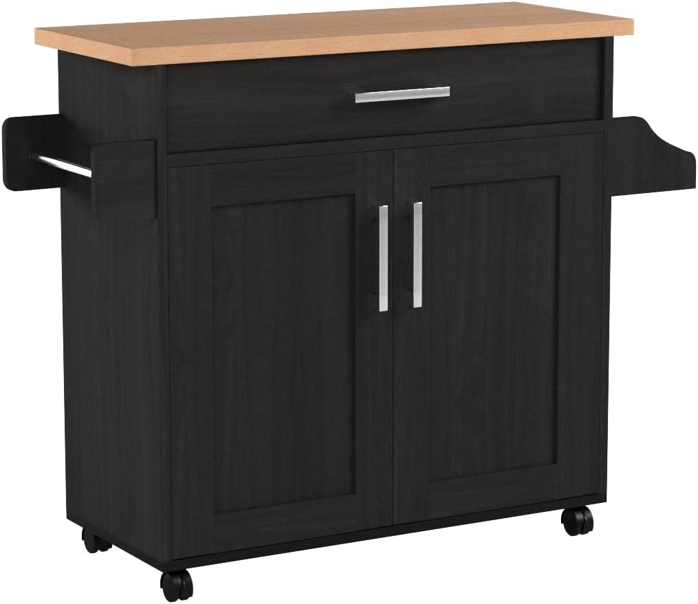 Hodedah Kitchen Island with Spice Rack. Towel Rack & Drawer. Black with Beech Top