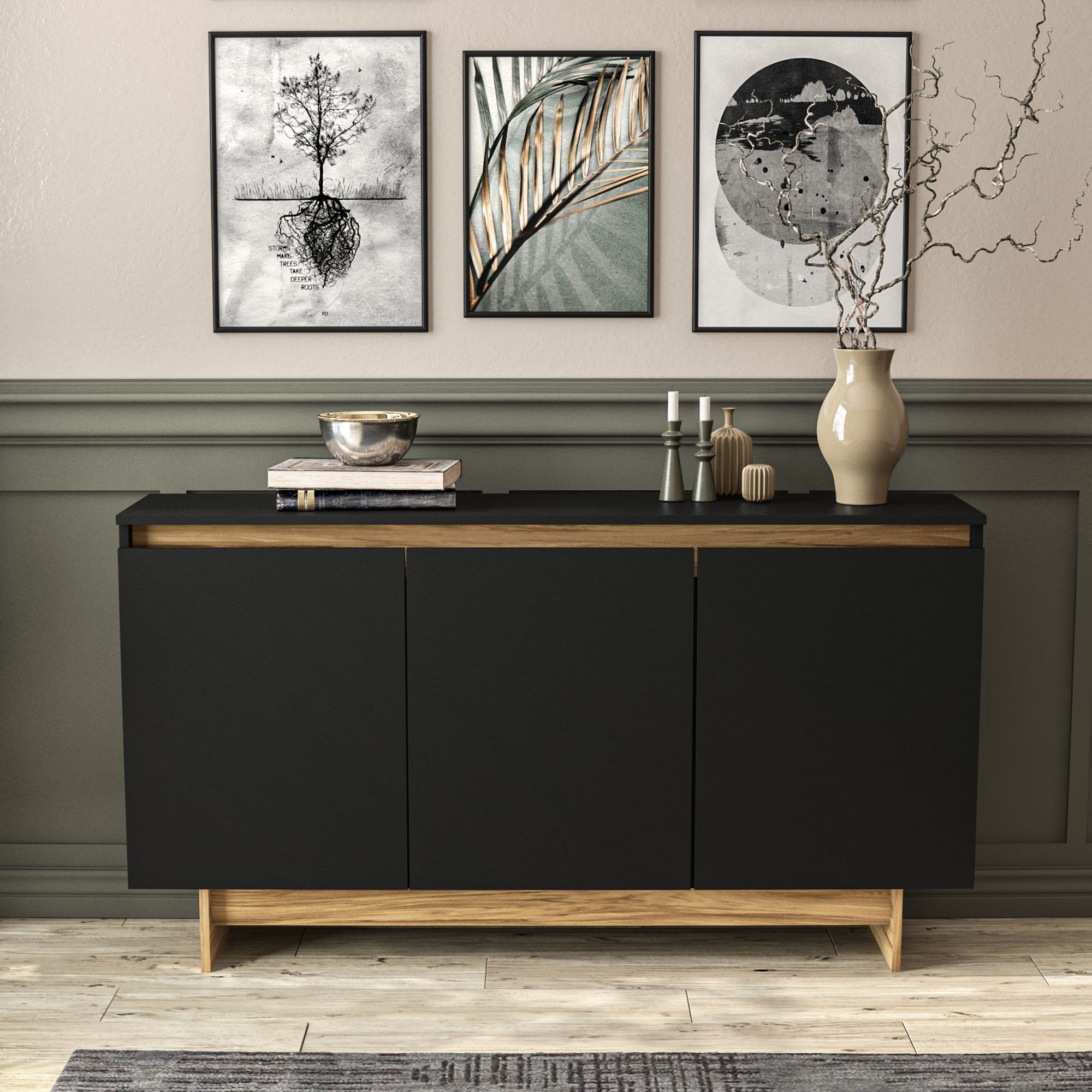 Boahaus Montresor Black Matte 29.75 x 53.38  Sideboard. 4-Cabinets. 3 Doors