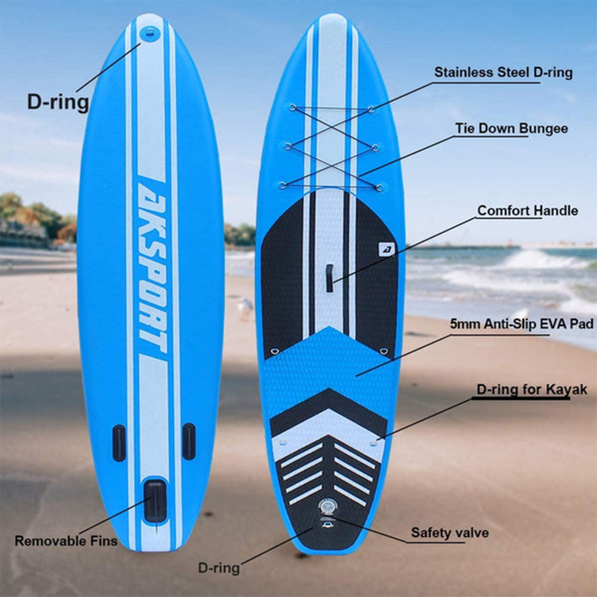 AKSPORT 10-6″x32″x6″ Inflatable All Around Stand Up Paddle Board Kit. Blue
