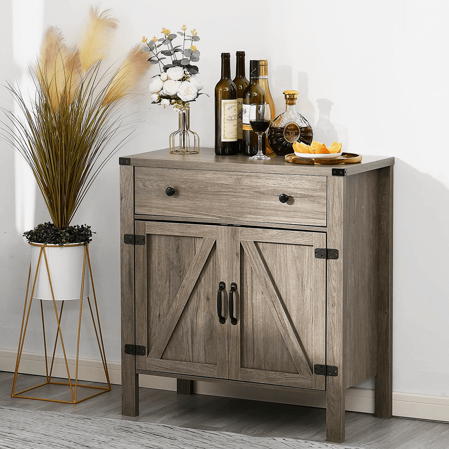 Farmhouse Buffet Storage Cabinet. Sideboard with Barn Doors. Accent Coffee Bar with Drawer for Living Room. Entryway (Gray Wash)