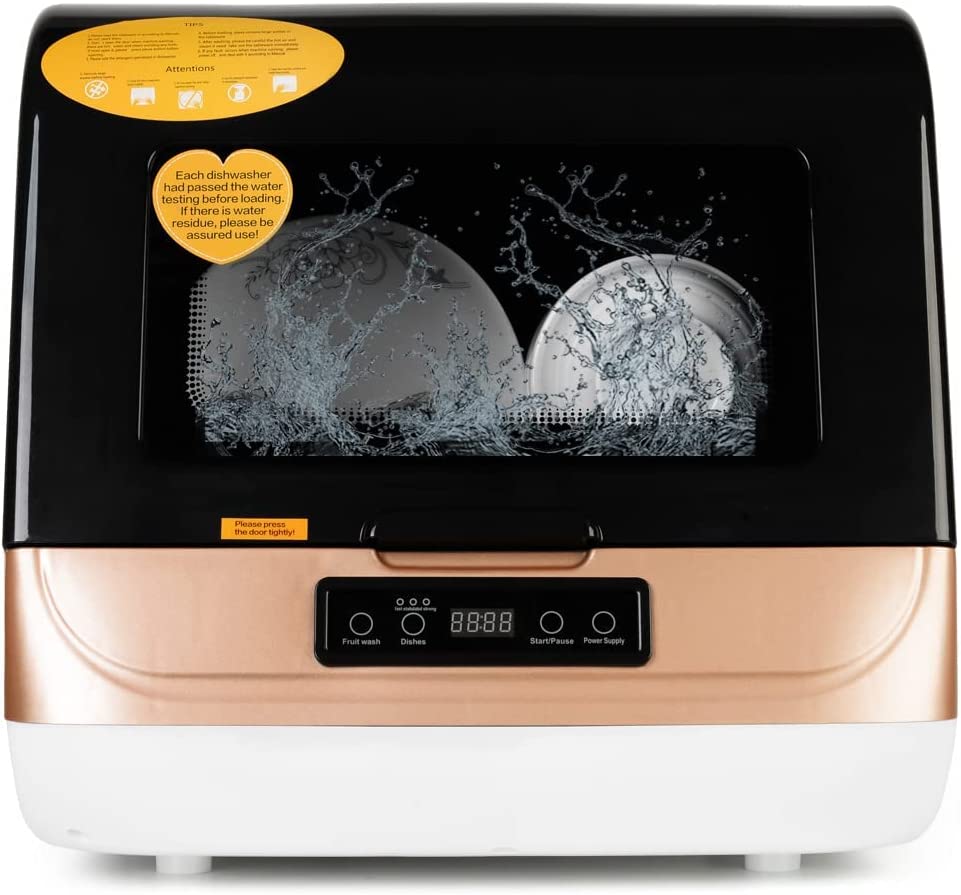 Ming Wang Portable Countertop Dishwasher.4 Washing Programs. Air-Dry Function and LED Light for Small Apartments. Dorms and RVs (Golden)