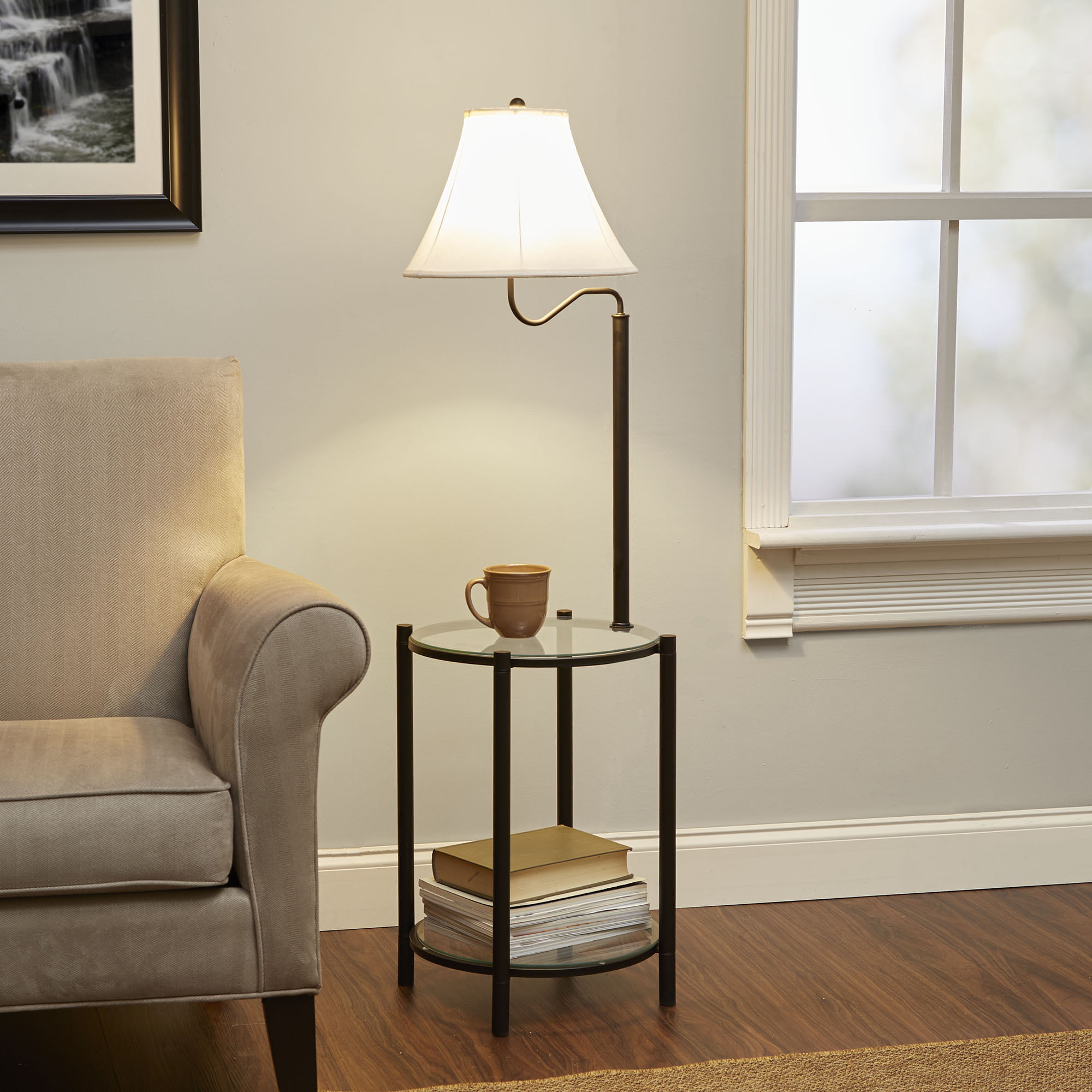 Mainstays Glass End Table Floor Lamp. Matte Black. CFL Bulb Included