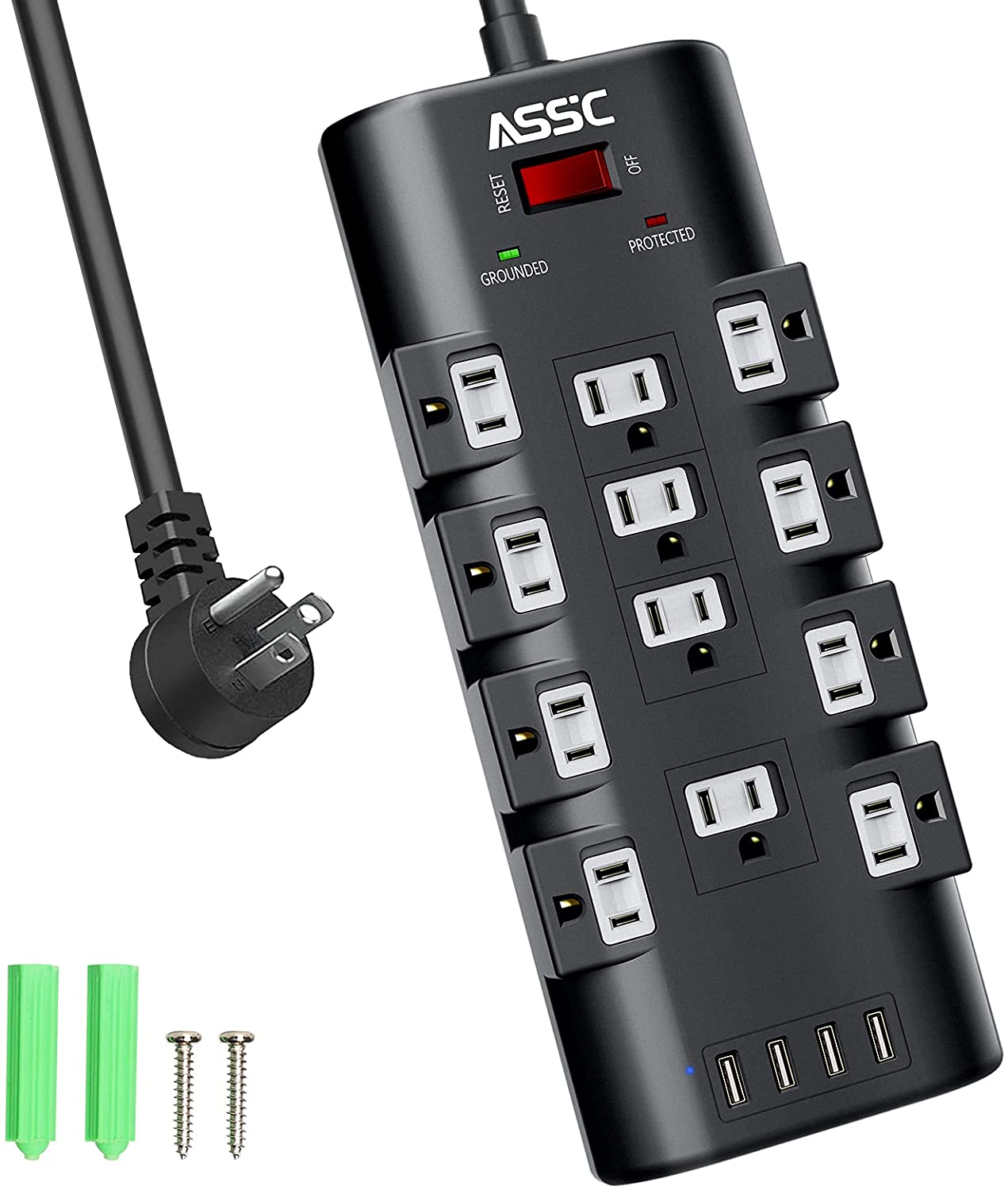 Power Strip. ASSC Surge Protector with 12 AC Outlets & 4 USB Ports. (1875W/15A). Black