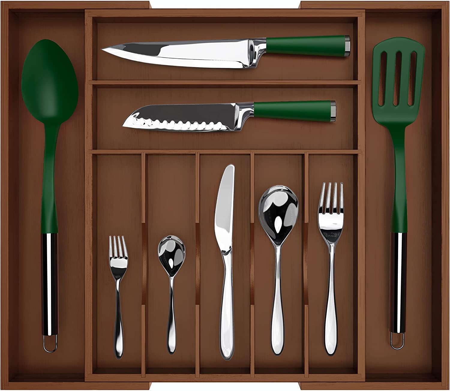 Luxury Bamboo Kitchen Drawer Organizer - Silverware Organizer - Utensil Holder and Cutlery Tray (9 Slot. Brown)