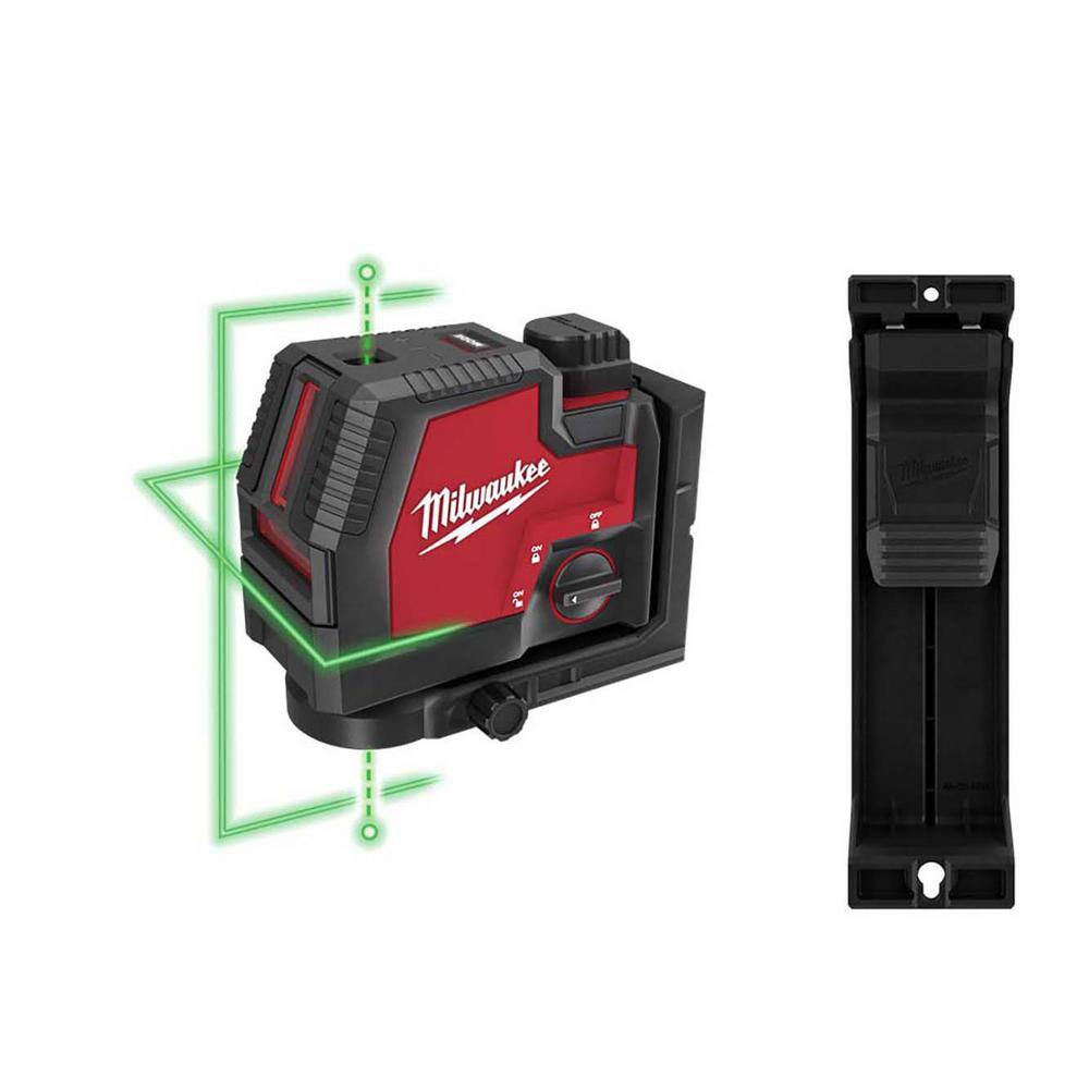 Milwaukee 3522-21-48-35-1313 Green 100 ft. Cross Line and Plumb Points Rechargeable Laser Level with USB Lithium-Ion Battery. Charger and Track Clip