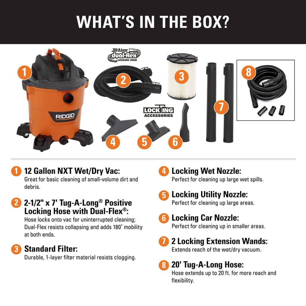 RIDGID HD1200B 12 Gallon 5.0 Peak HP NXT Wet/Dry Shop Vacuum with Filter. Hose. Accessories and Additional 20 ft. Tug-A-Long Hose