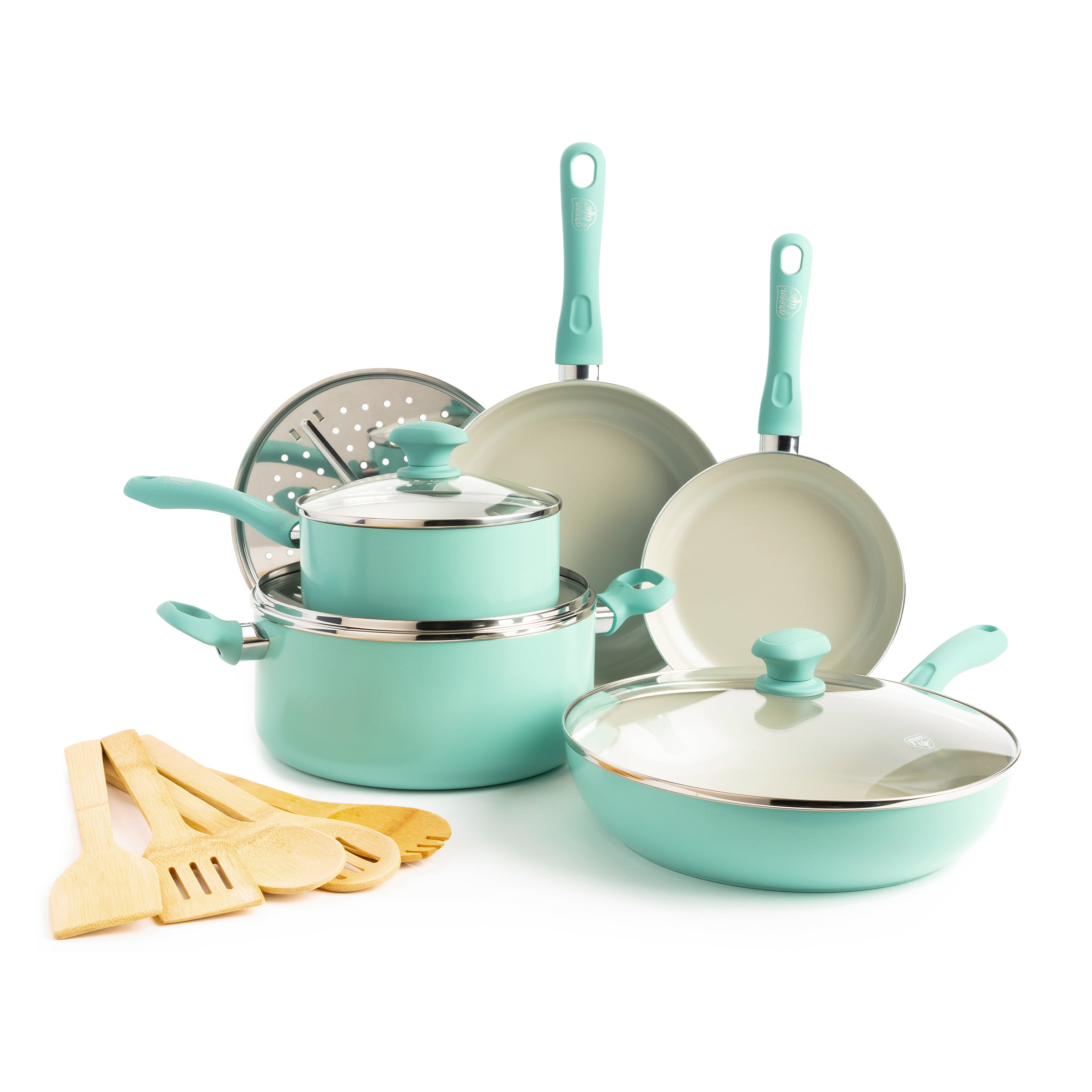 GreenLife Soft Grip Diamond Healthy Ceramic Nonstick. Cookware Pots and Pans Set. 14 Piece. Turquoise. Dishwasher Safe