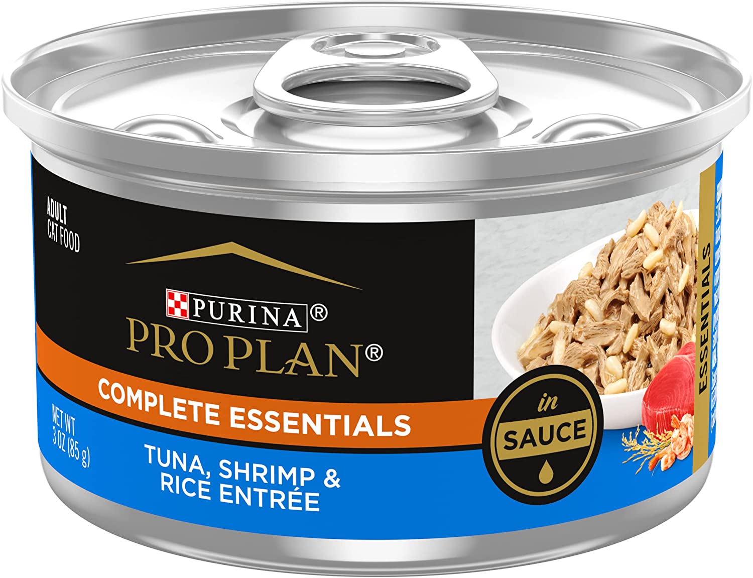 Purina Pro Plan Gravy. High Protein Wet Cat Food. COMPLETE ESSENTIALS Tuna. Shrimp & Rice Entree in Sauce - (24) 3 oz. Pull-Top Cans