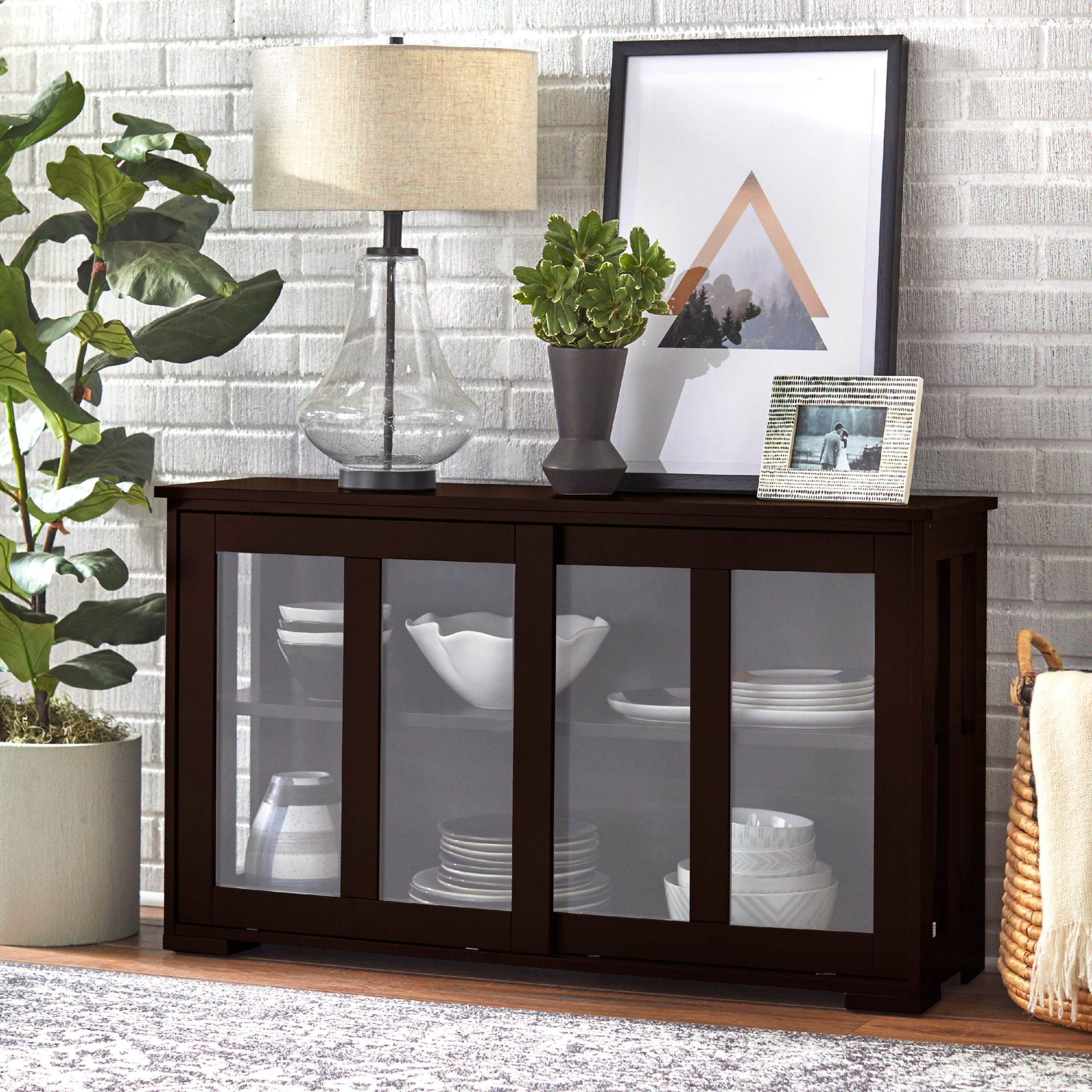 TMS 42 Wide Contemporary Tempered Glass Sliding Door Stackable Dining Room Sideboard. Espresso Brown Finish