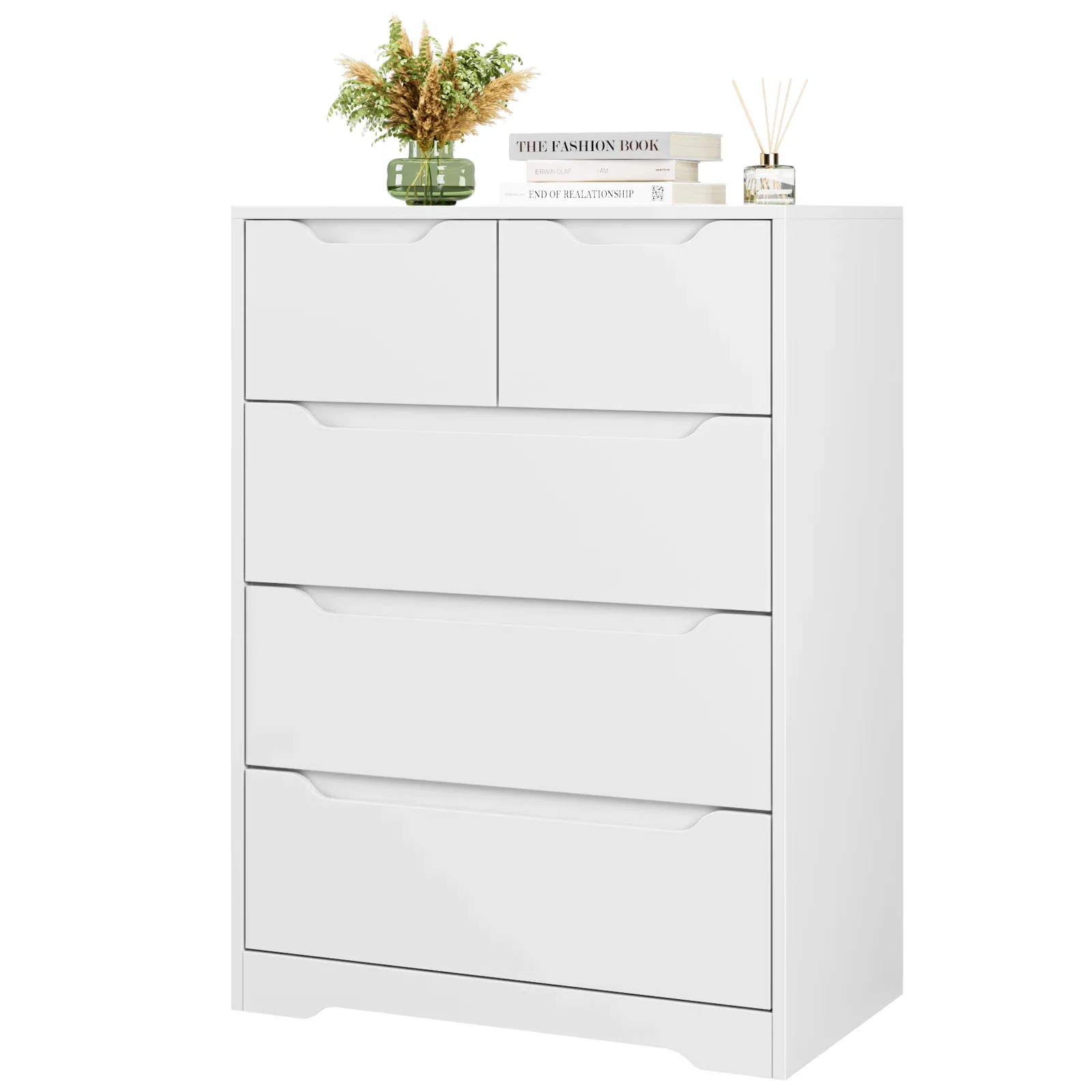 Homfa White Dresser for Bedroom. Wood Storage Chest of 5 Drawers with Cutout Handles for Living Room