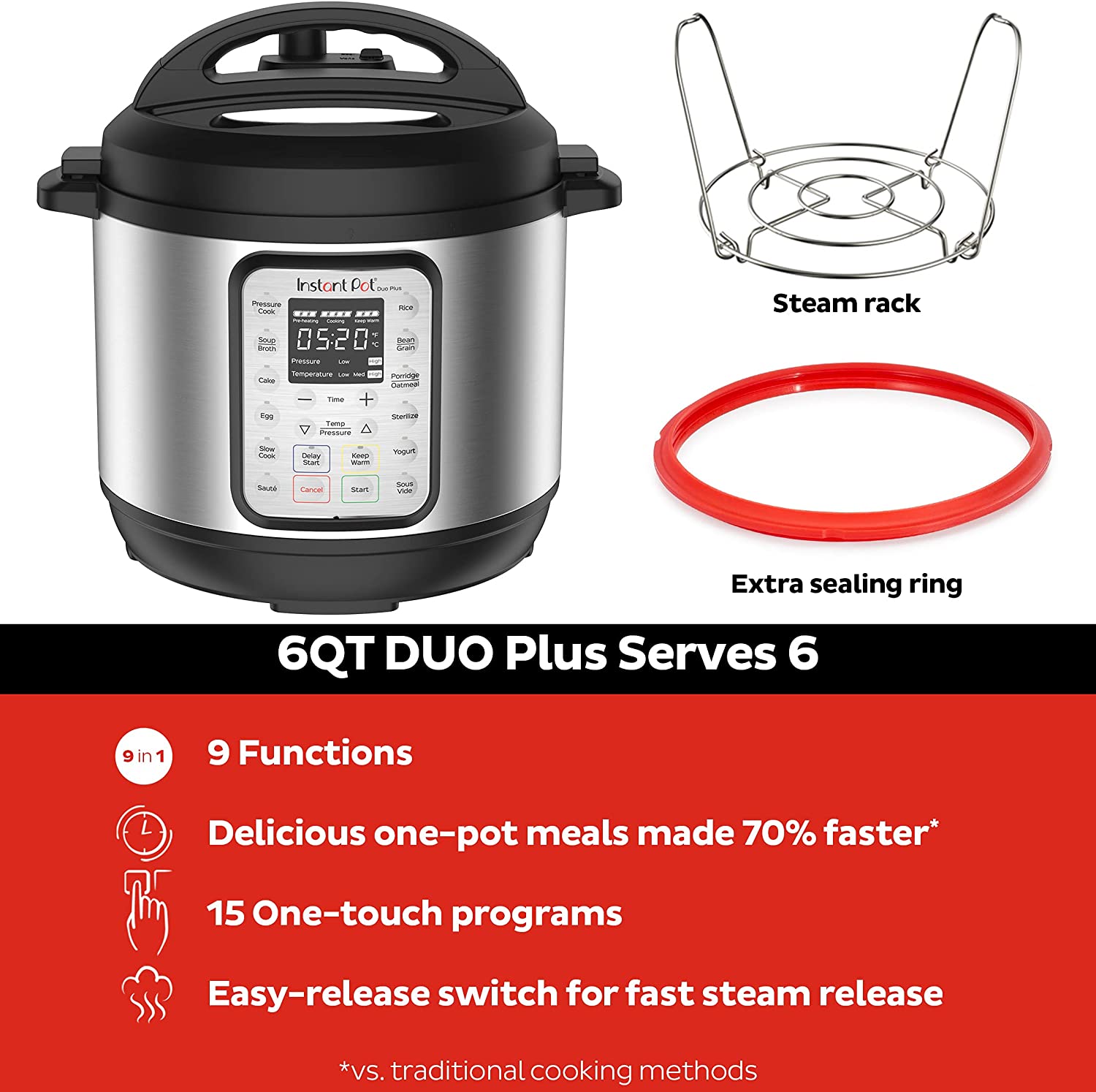 Instant Pot Duo Plus 9-in-1 Electric Pressure Cooker. Slow Cooker. Rice Cooker. Steamer. Sauté. Yogurt Maker. Warmer & Sterilizer. Includes Free App with over 1900 Recipes. Stainless Steel. 6 Quart