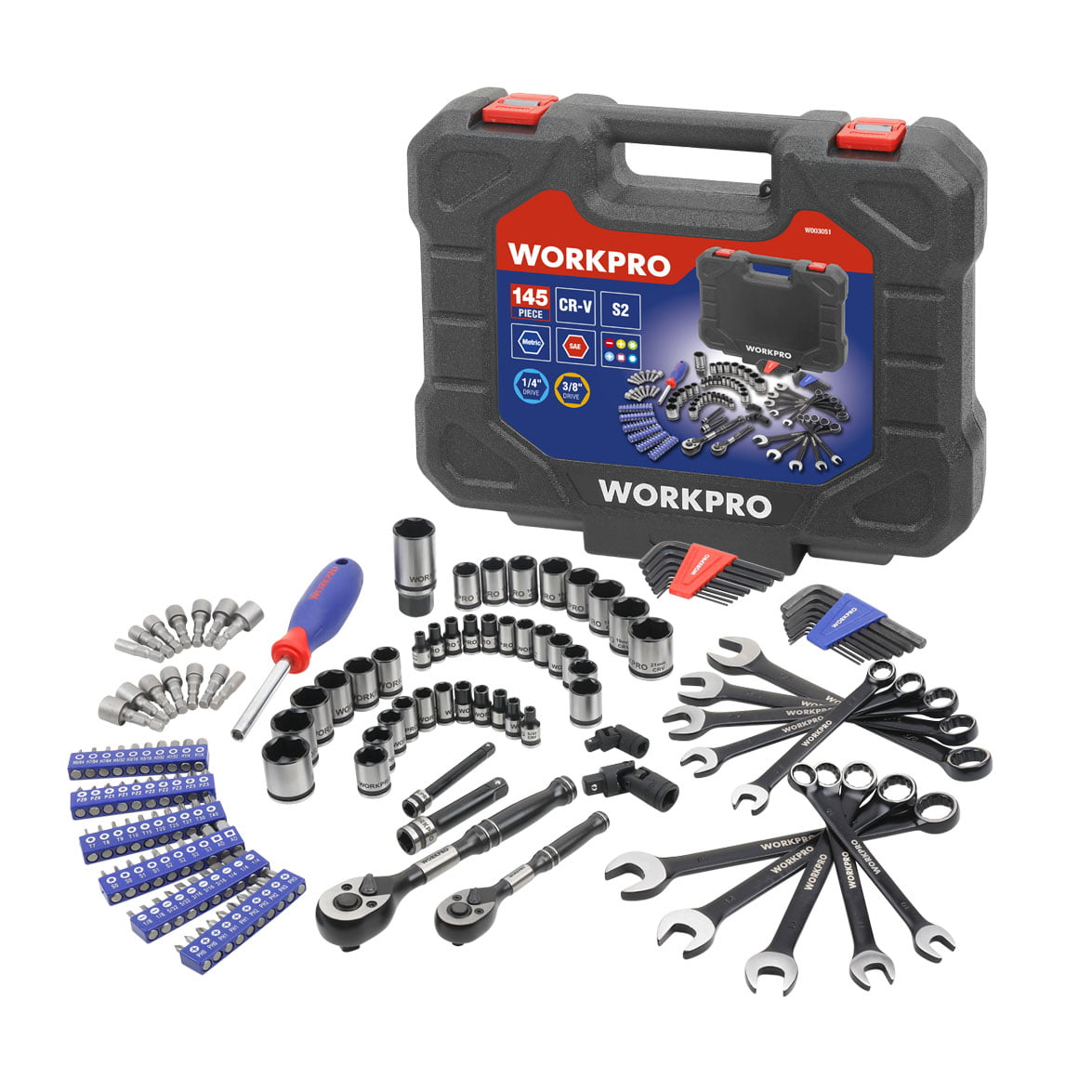 WORKPRO 145-Piece Mechanic-s Tool Set. Two-Tone Black Chrome. Model W003051