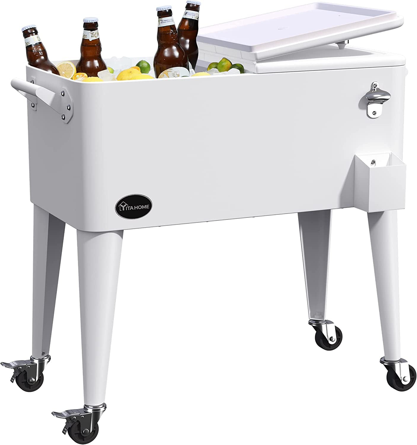 YITAHOME 80 Quart Rolling Cooler Cart with Bottle Opener Drainage. Portable Patio Cooler Rolling on Wheels. Outdoor Rolling Beverage Cart Drink Cooler for Patio Pool Deck Party Cookouts. White