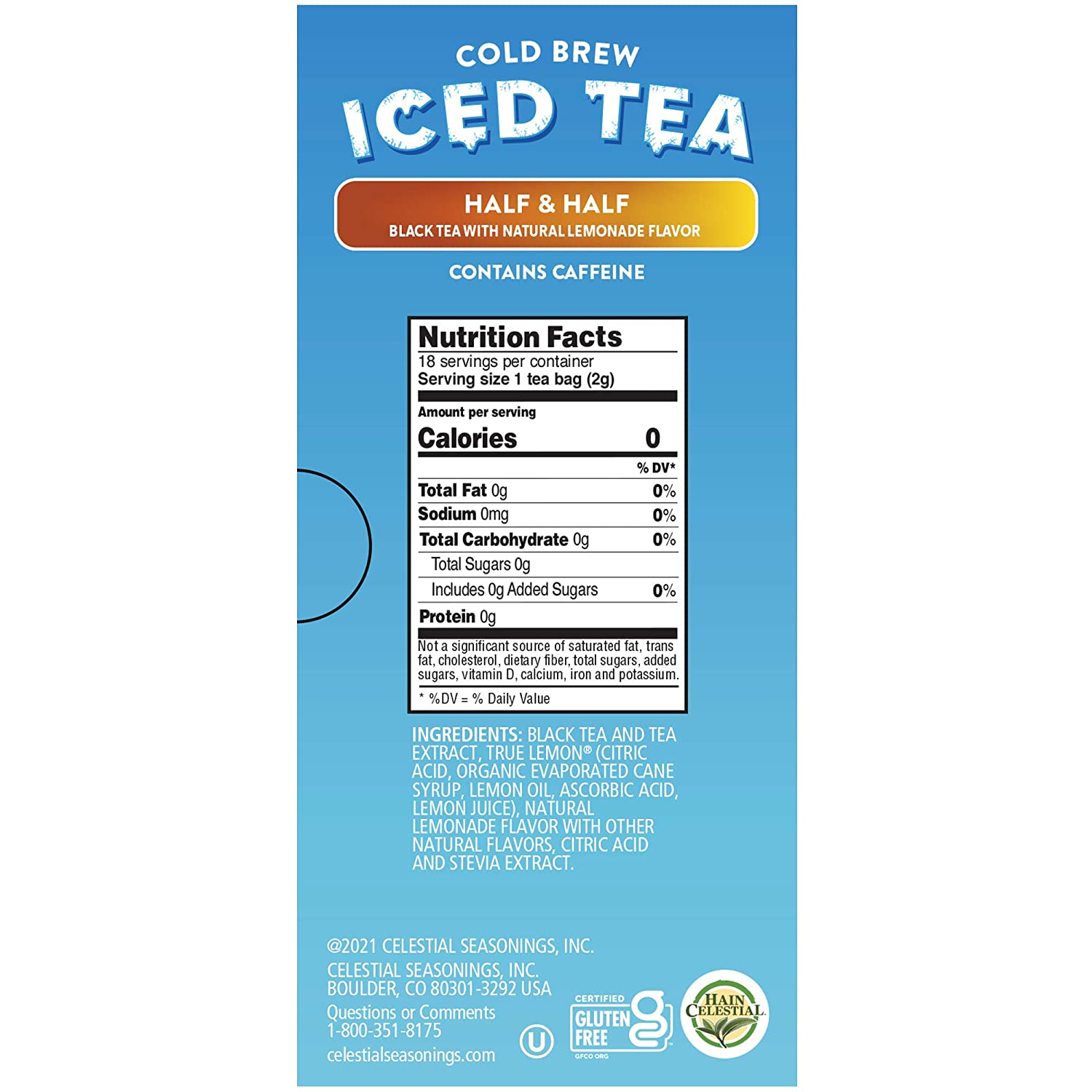 Celestial Seasonings Cold Brew Iced Tea. Half and Half Iced Back Tea and Lemonade. Contains Caffeine. 18 Tea Bags per bag (Pack of 6)