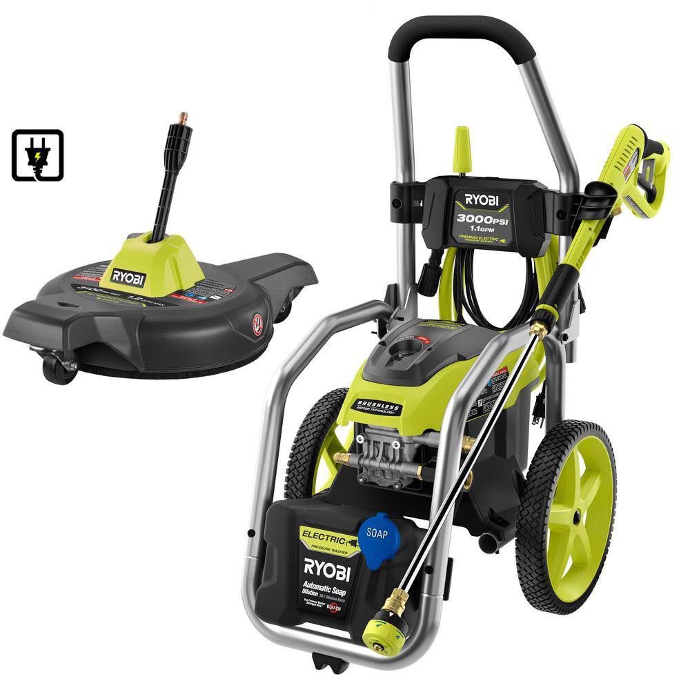 RYOBI RY143011-SC12 3000 PSI 1.1 GPM Cold Water Electric Pressure Washer and 12 in. Surface Cleaner with Caster Wheels