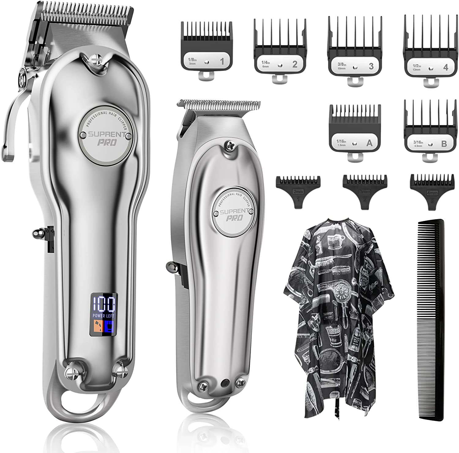 SUPRENT® Professional Hair Clippers for Men. Hair Cutting Kit & Zero Gap T-Blade Trimmer Combo. Cordless Barber Clipper Set with LED Display (Silver)