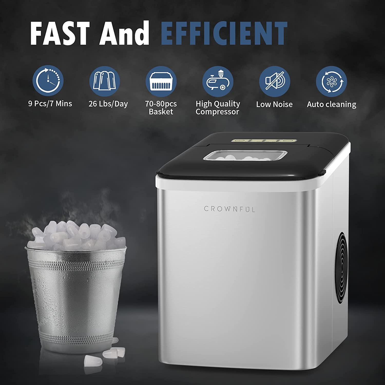 CROWNFUL Ice Maker Machine for Countertop. 9 Bullet Ice Cubes S/L Ready in 7 Minutes. 26lbs/24H. Auto self-Cleaning. Portable Small Ice Maker with Scoop and Basket. Silver