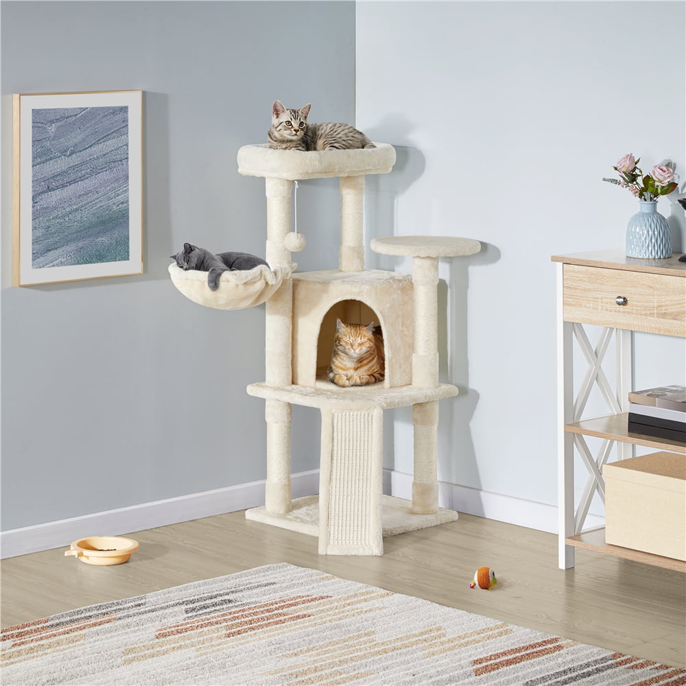 Easyfashion Professional Cat Tree Tower with Basket for Small Kittens. Indoor. Beige