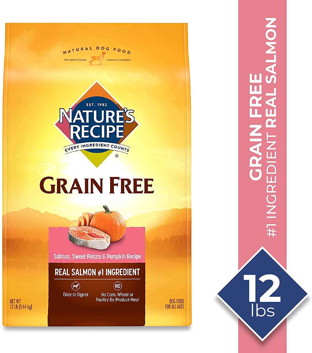 Nature-s Recipe Grain Free Dry Dog Food. Salmon. Sweet Potato & Pumpkin Recipe. 12 Pound Bag. Easy to Digest