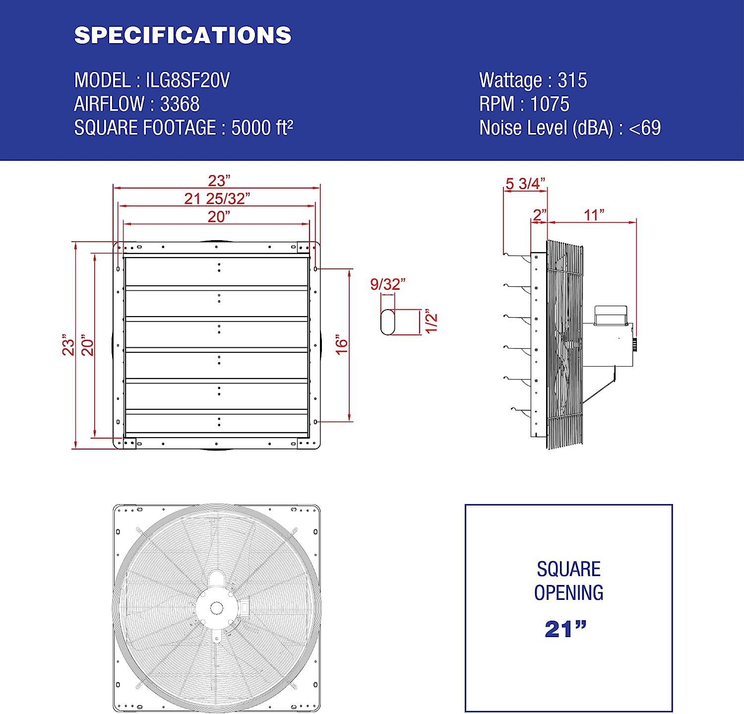 iLiving - 20″ Wall Mounted Exhaust Fan - Automatic Shutter - Variable Speed - Vent Fan For Home Attic. Shed. or Garage Ventilation (Power Cord Not Included)
