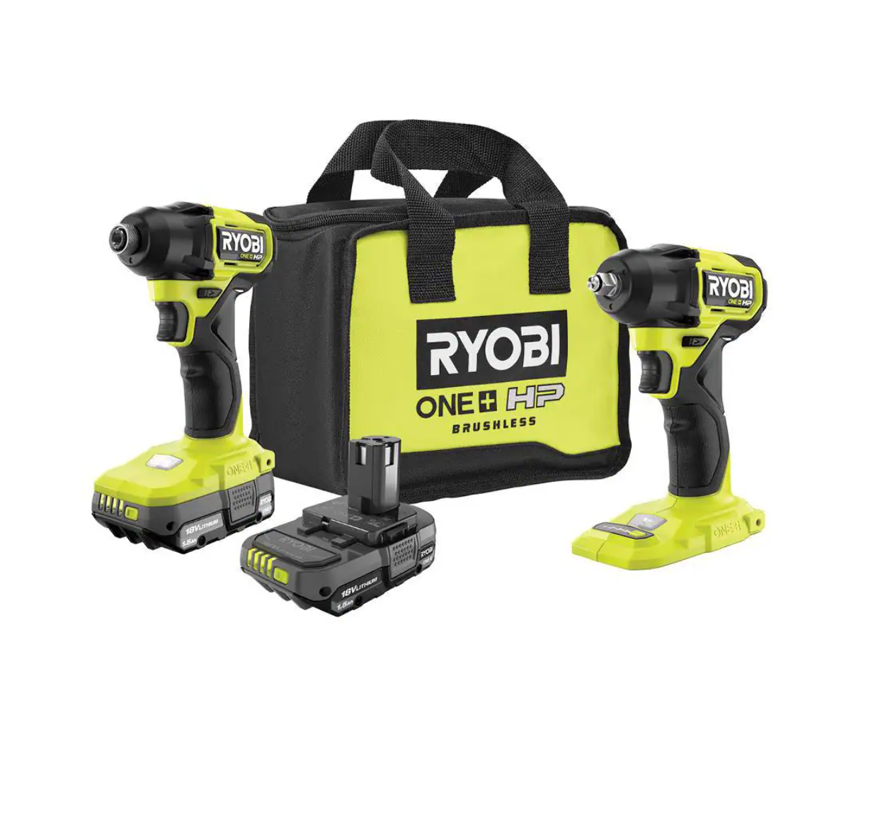 RYOBI PSBID01K-PSBIW01B ONE+ HP 18V Brushless Cordless Compact 1/4 in. Impact Driver. 3/8 in. Impact Wrench. (2) Batteries. Charger. and Bag