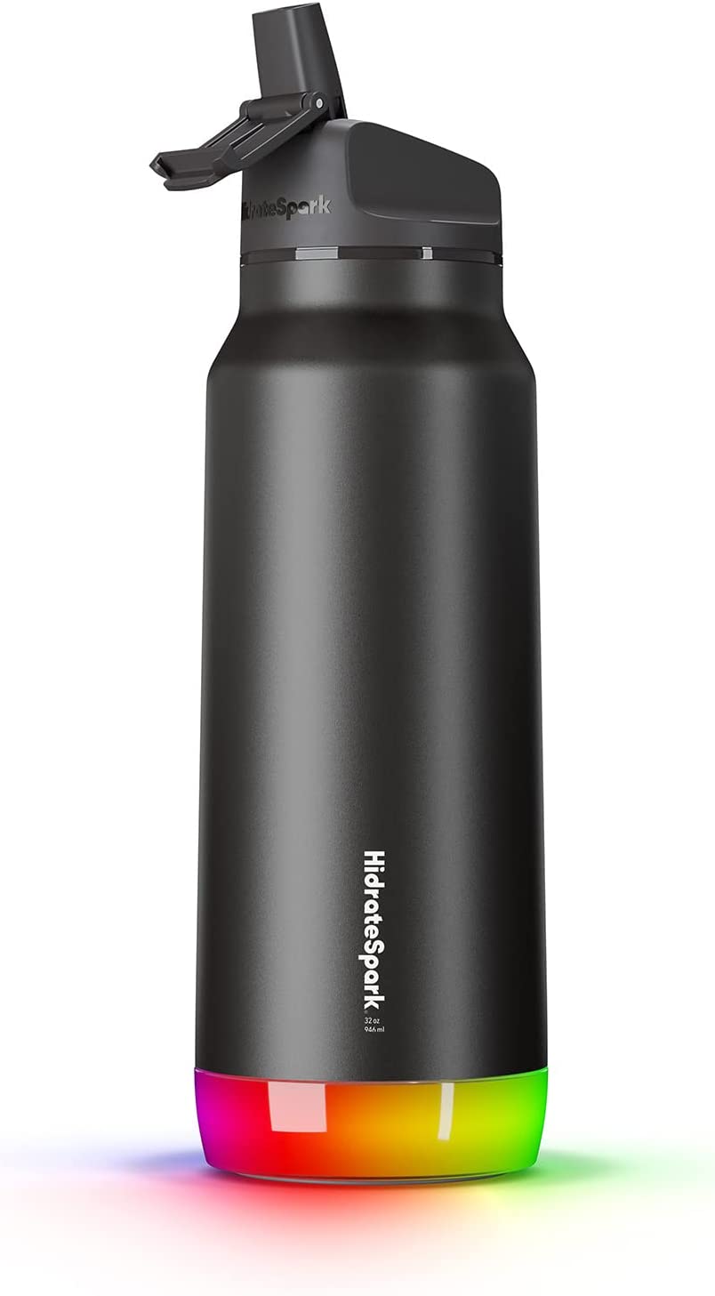 HidrateSpark PRO 32oz Smart Water Bottle Stainless Steel - Tracks Water Intake & Glows to Remind You to Stay Hydrated . Straw Lid. Black