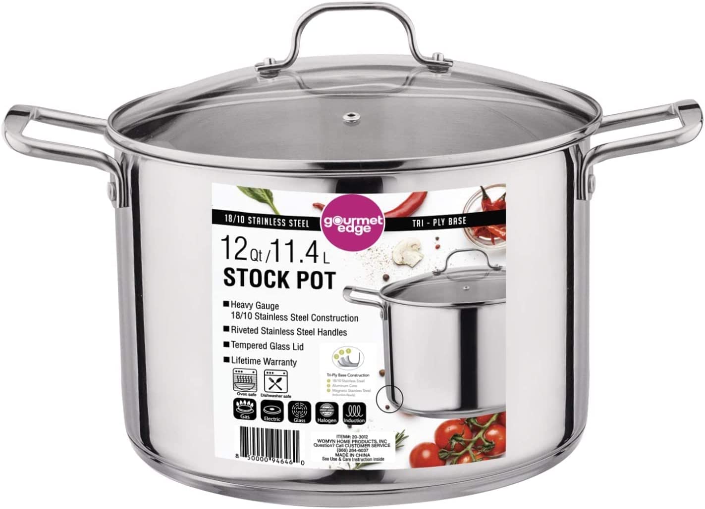 Gourmet Edge 12-Quart Stock Pot - Stainless Steel Soup Pots with Lid as Dishwasher and Oven Safe Cookware. Silver