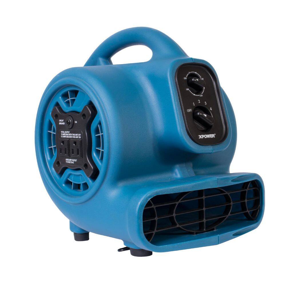 XPOWER P-230AT-Blue 925 CFM 3-Speed Multi-Purpose Mini Mighty Air Mover Utility Blower Fan with Power Outlets and Timer in Blue
