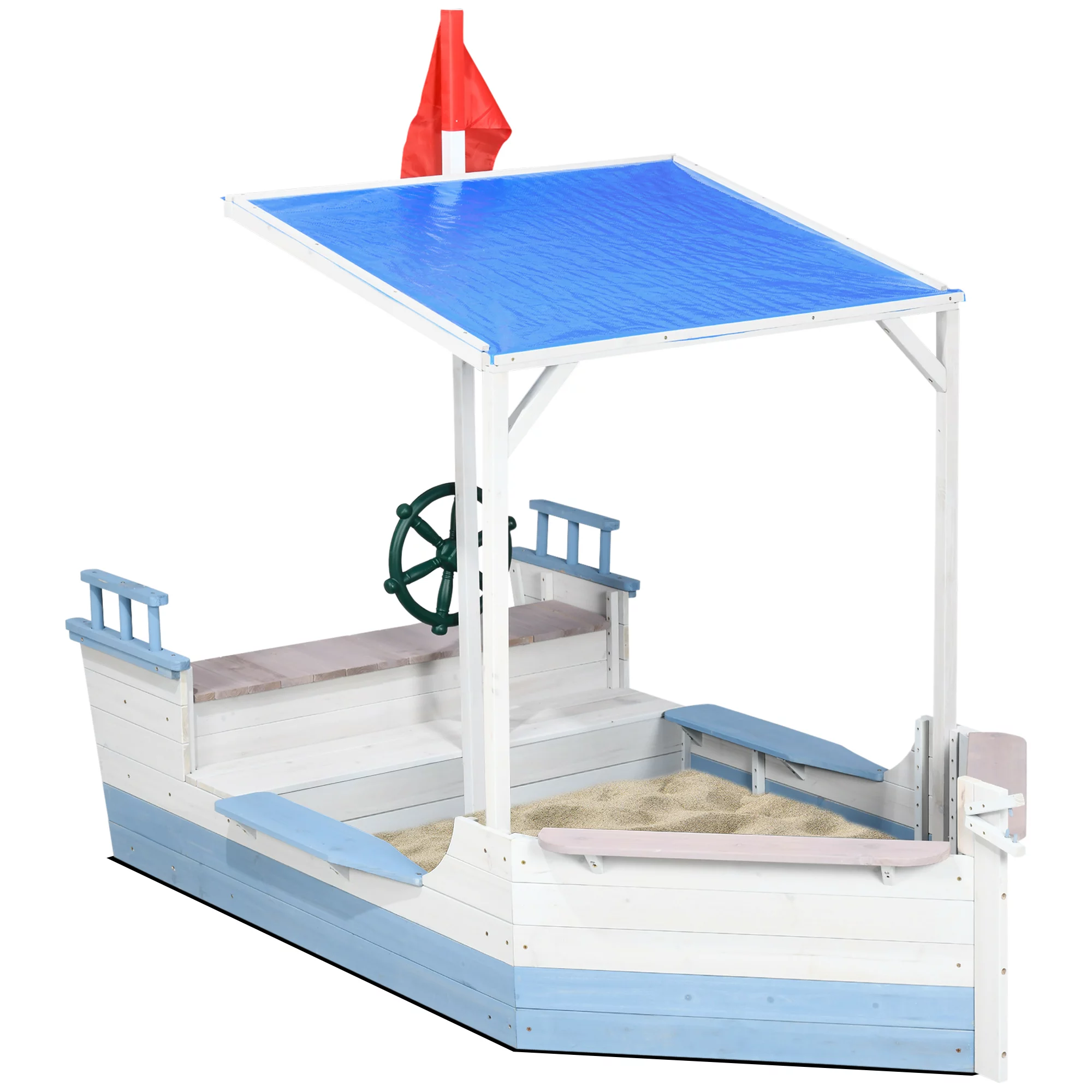 Outsunny Kids Sandbox with Canopy. Wooden Sandbox Backyard Toy. Pirate Ship Sandbox for Up to 4 Kids. Outdoor Activity Boat Toy. 82.75″ x 43.25″. Blue