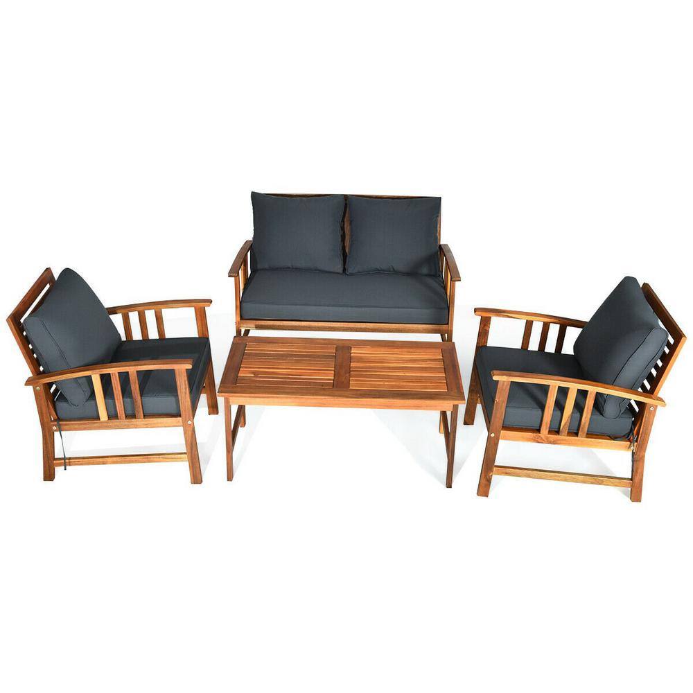ANGELES HOME  Teak 4-Piece Acacia Wood Outdoor Sofa Patio Conversation Set with Gray Cushions