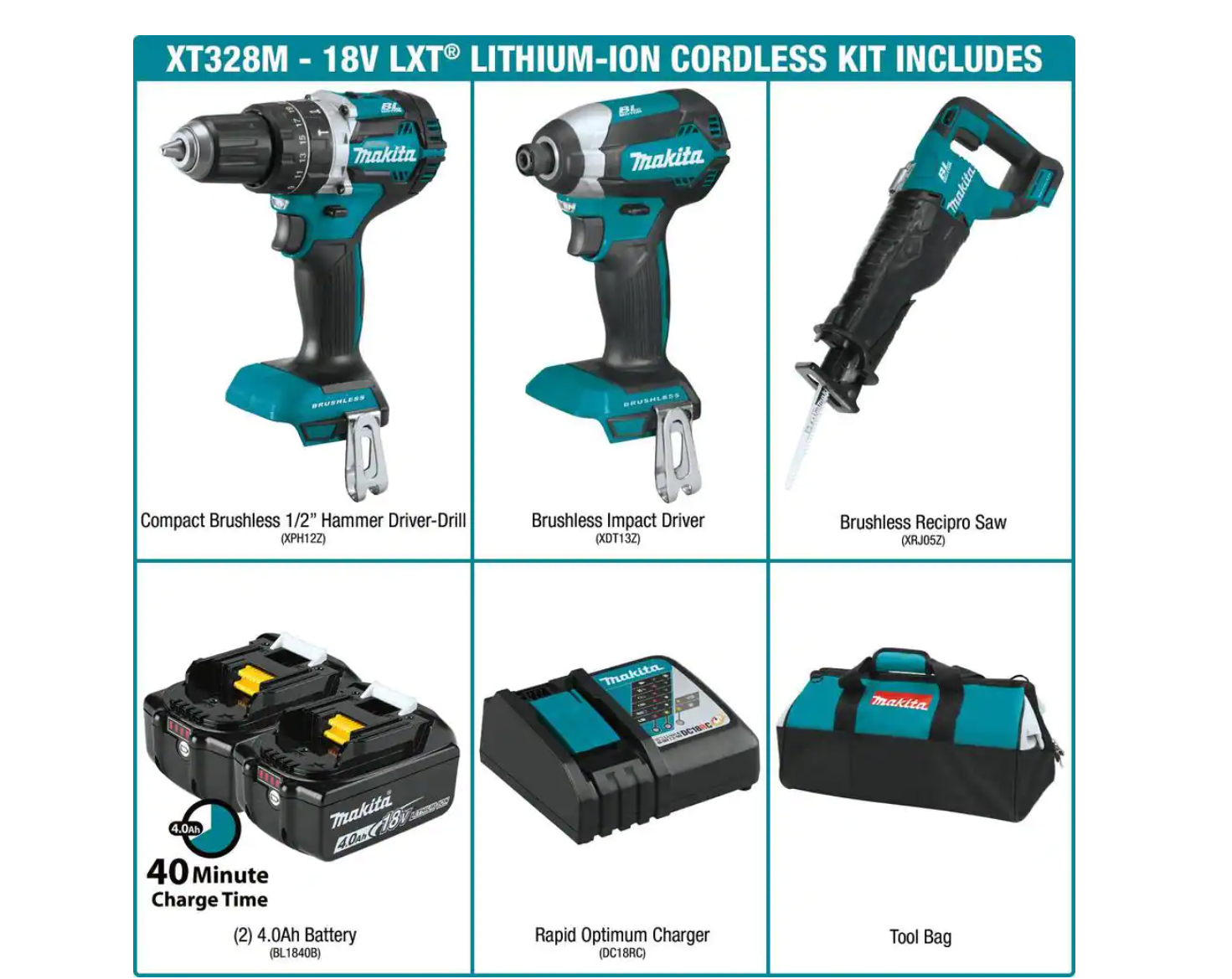 Makita XT328M 18V LXT Lithium-Ion Brushless Cordless Combo Kit (3-Tool) with (2) 4.0 Ah Batteries. Rapid Charger. and Tool Bag