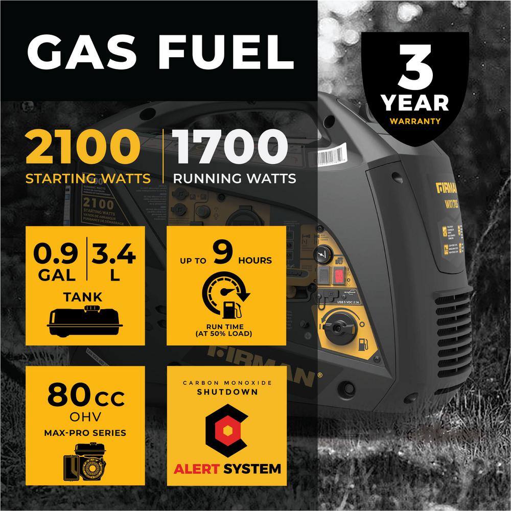 FIRMAN W01785 2.100/1.700-Watt Recoil Start Gas Powered Inverter Generator with. CO Alert. Built-In Parallel Capability and RV Adapter