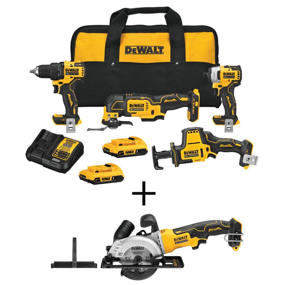 DEWALT DCK489D2WDCS571 ATOMIC 20V MAX Cordless Brushless 4 Tool Combo Kit. 4.5 in. Circular Saw. (2) 2.0Ah Batteries. Charger. and Bag