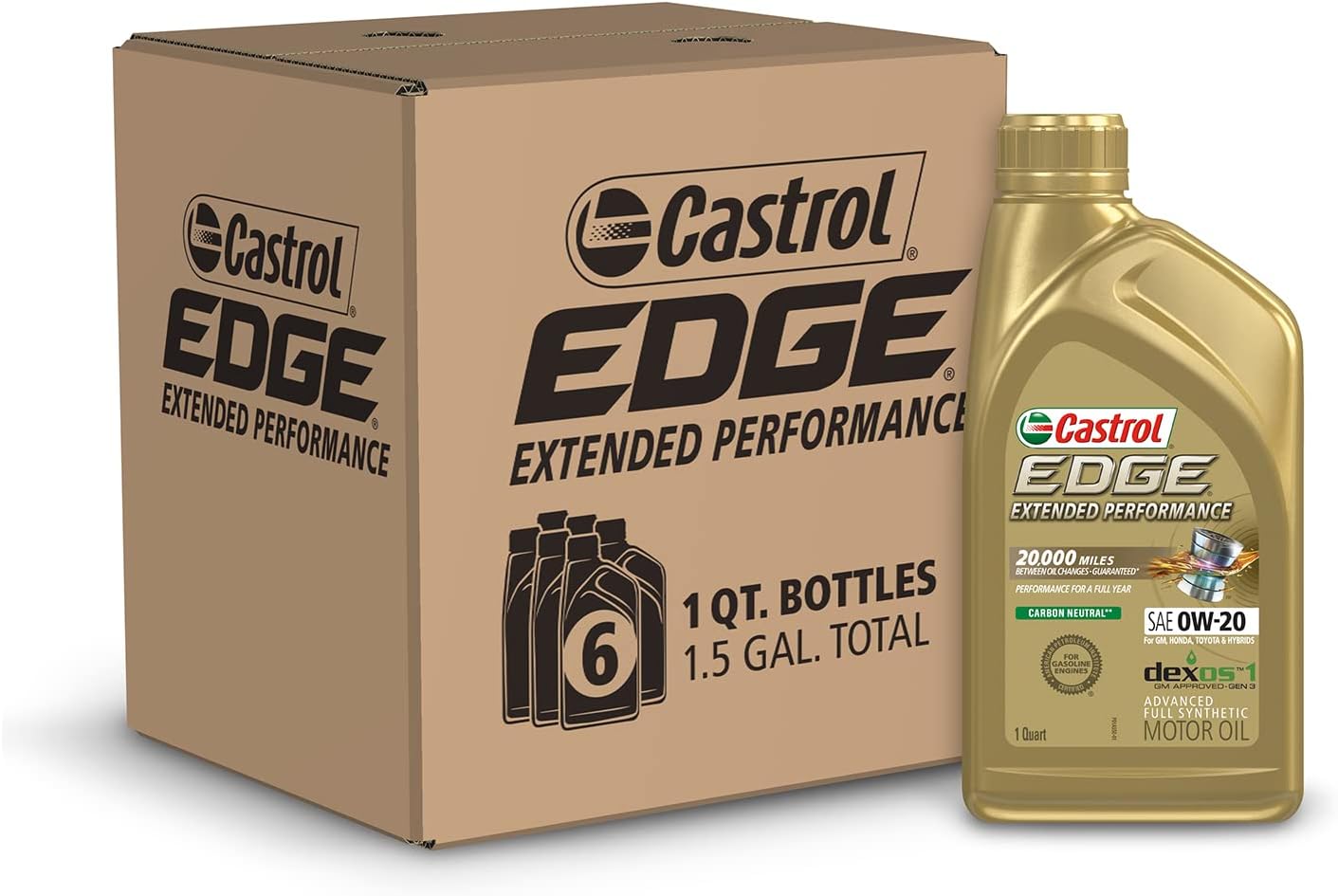 Castrol Edge Extended Performance 0W-20 Advanced Full Synthetic Motor Oil. 1 Quart. Pack of 6