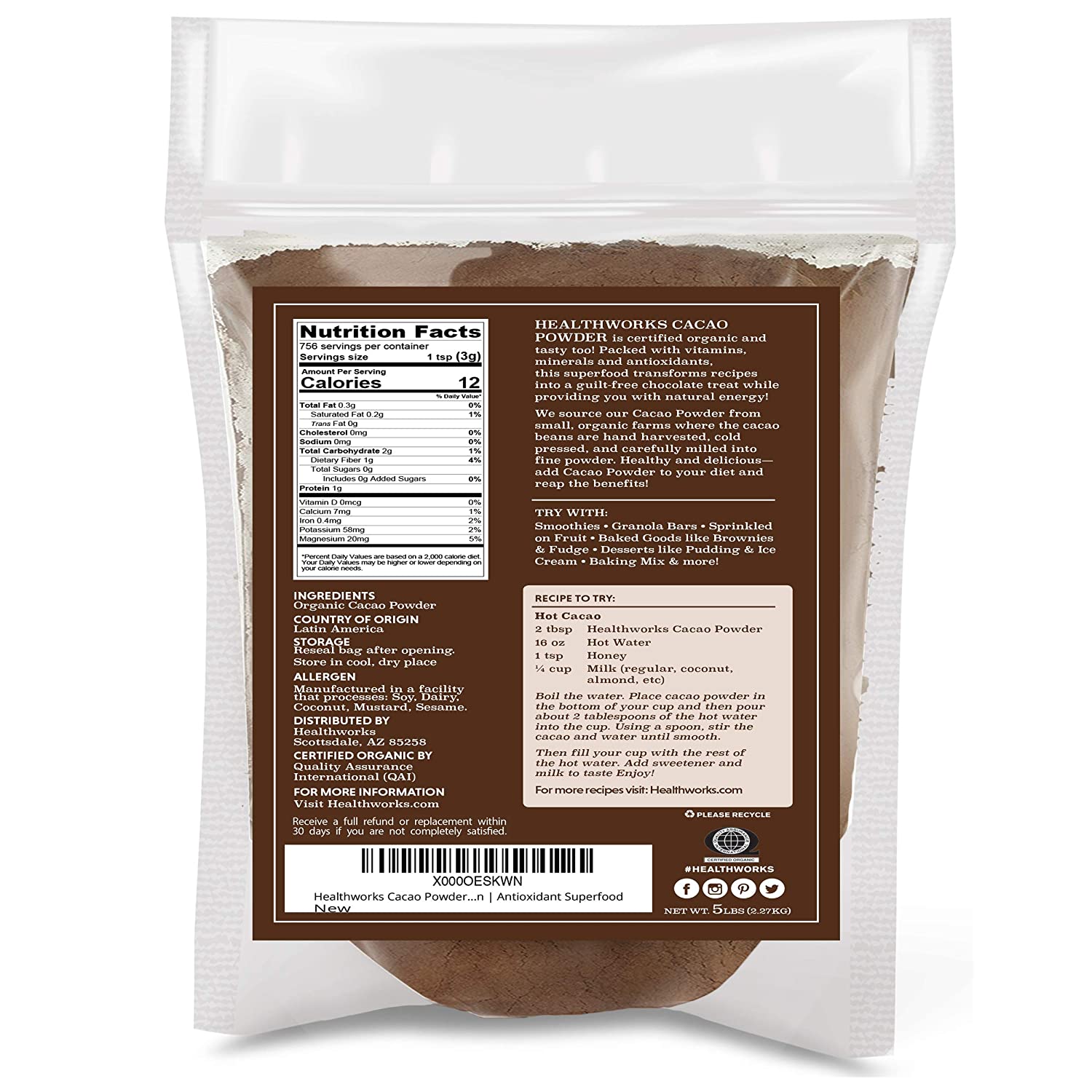 Healthworks Cacao Powder (80 Ounces / 5 Pounds) | Cocoa Chocolate Substitute | Certified Organic | Sugar-Free. Keto. Vegan & Non-GMO | Peruvian Origin | Antioxidant Superfood | Packaging May Vary