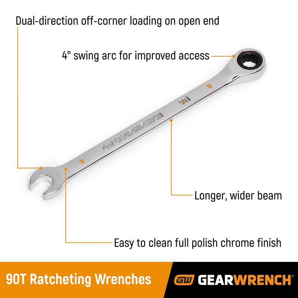 GEARWRENCH 1006137126 SAE/MM 90-Tooth Pro Combination Ratcheting Wrench Tool Set with Tray (18-Piece)