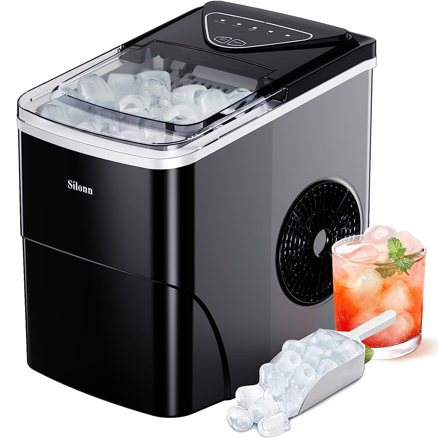 Silonn Ice Maker Countertop. 9 Cubes Ready in 6 Mins. 26lbs in 24Hrs. Self-Cleaning Ice Machine with Ice Scoop and Basket. 2 Sizes of Bullet Ice for Home Kitchen Office Bar Party. Black-transparent