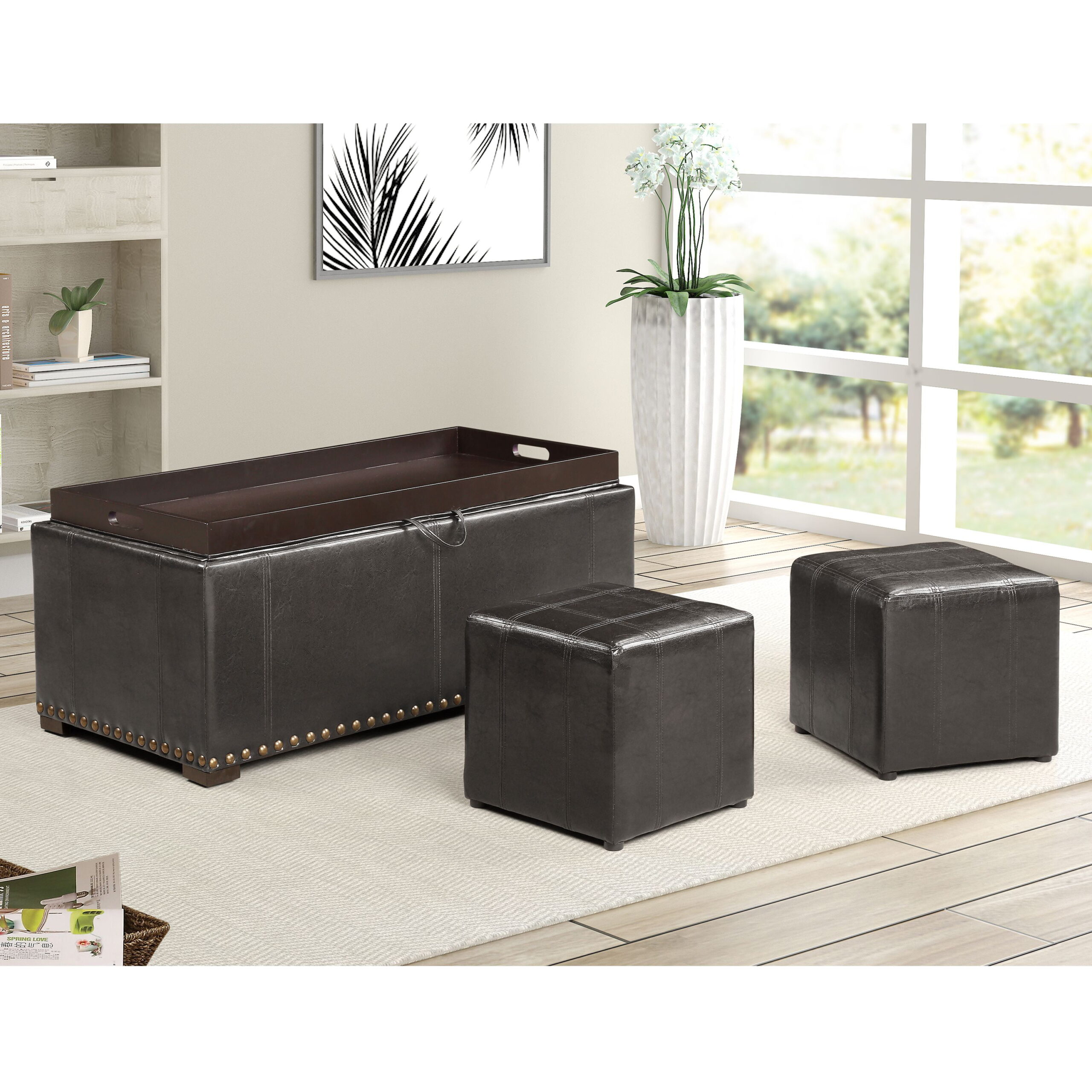 Leather Storage Bench with 2 Side Ottomans. Black