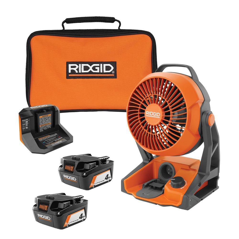 RIDGID R860721B-AC93044SBN 18V Cordless Hybrid Jobsite Fan with (2) 4.0 Ah Batteries. Charger. and Bag
