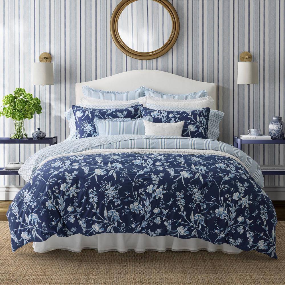 Laura Ashley  Branch Toile 7-Piece Blue Cotton Bonus Full/Queen Comforter Set