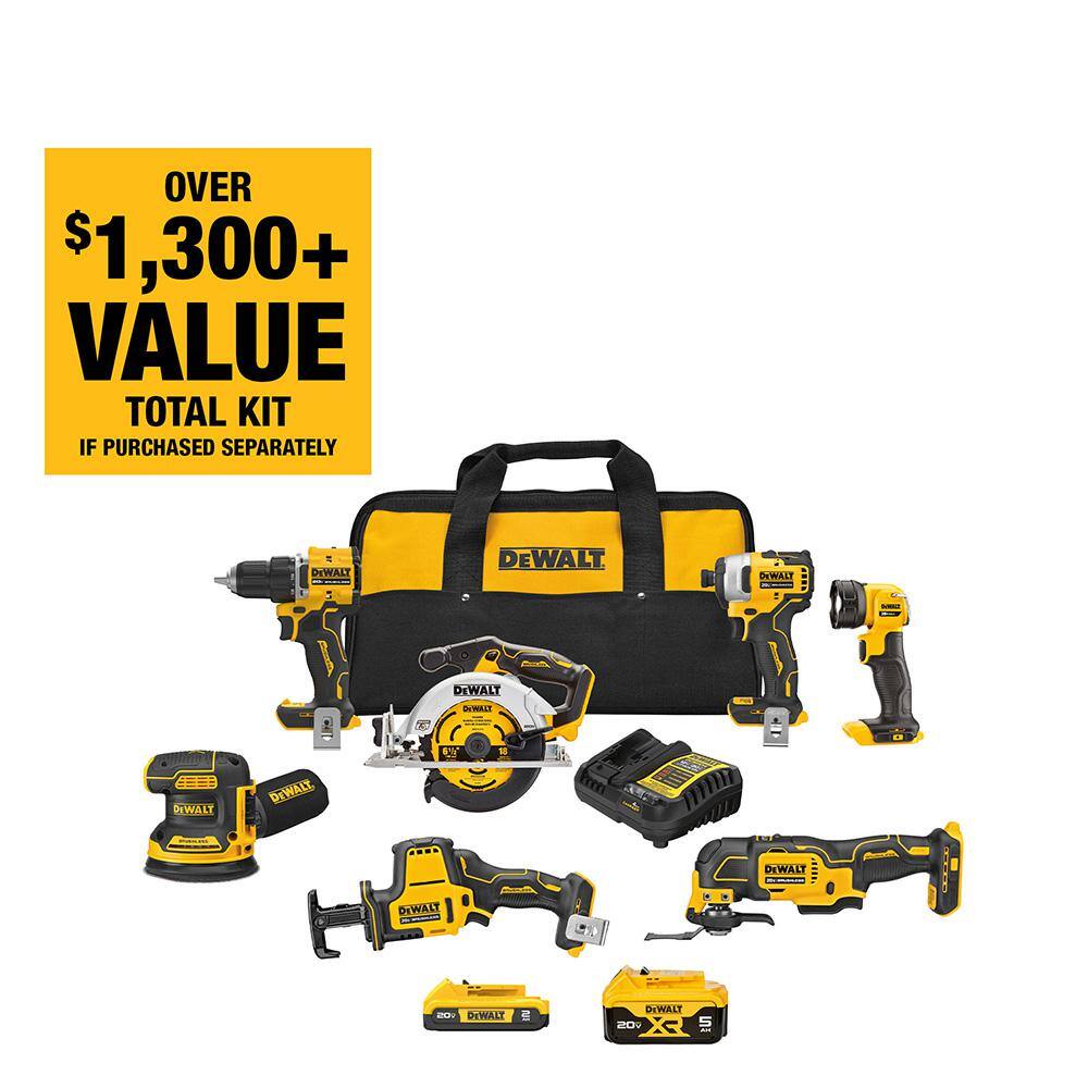 DEWALT DCK700D1P1 20-Volt MAX Lithium-Ion Cordless 7-Tool Combo Kit with 2.0 Ah Battery. 5.0 Ah Battery and Charger