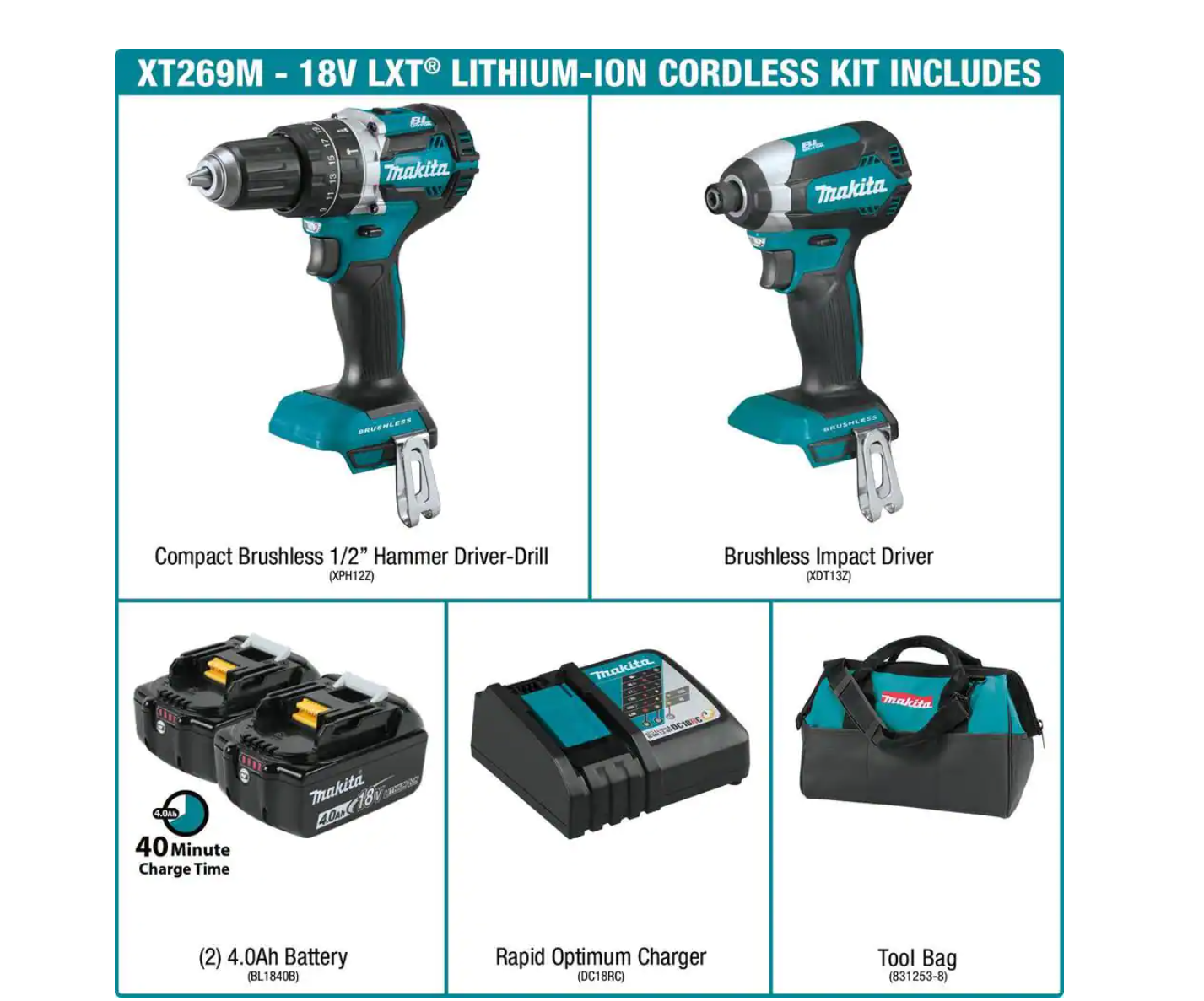 Makita XT269M 18V LXT Lithium-Ion Brushless Cordless Hammer Drill and Impact Driver Combo Kit (2-Tool) w/ (2) 4Ah Batteries. Bag