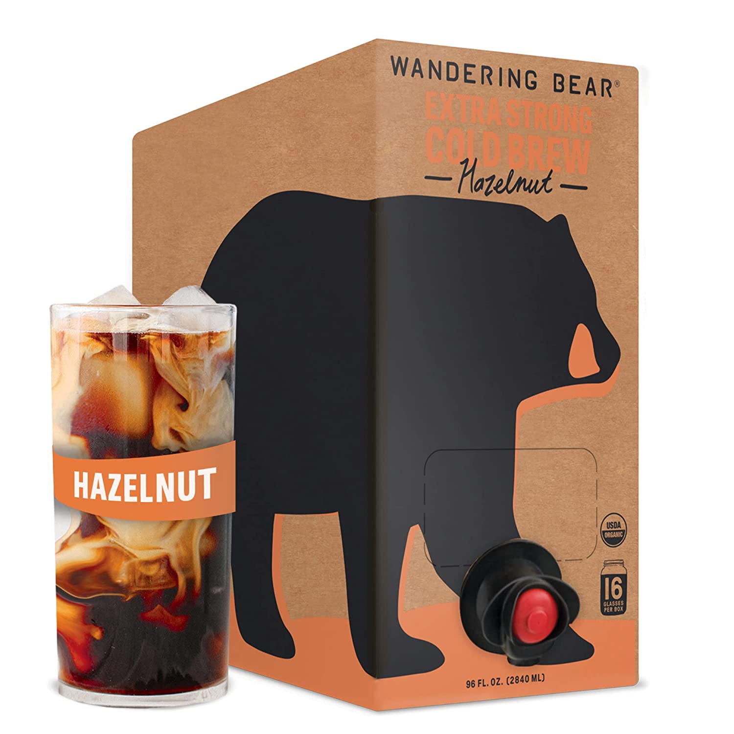 Wandering Bear Organic Hazelnut Cold Brew Coffee On Tap. 96 fl oz - Extra Strong. Smooth. Unsweetened. Shelf-Stable. and Ready to Drink Iced Coffee. Cold Brewed Coffee. Cold Coffee