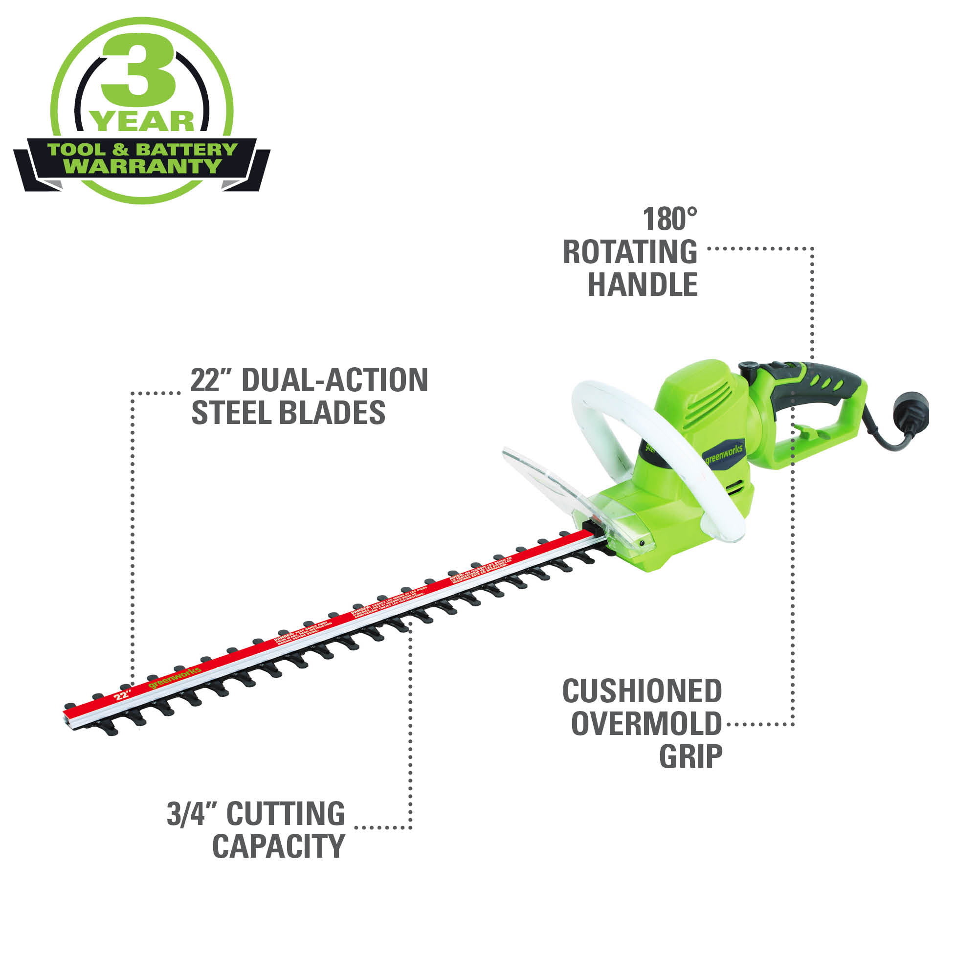Greenworks Hedge Trimmer 4 Amp 22-inch Corded Electric. 22122
